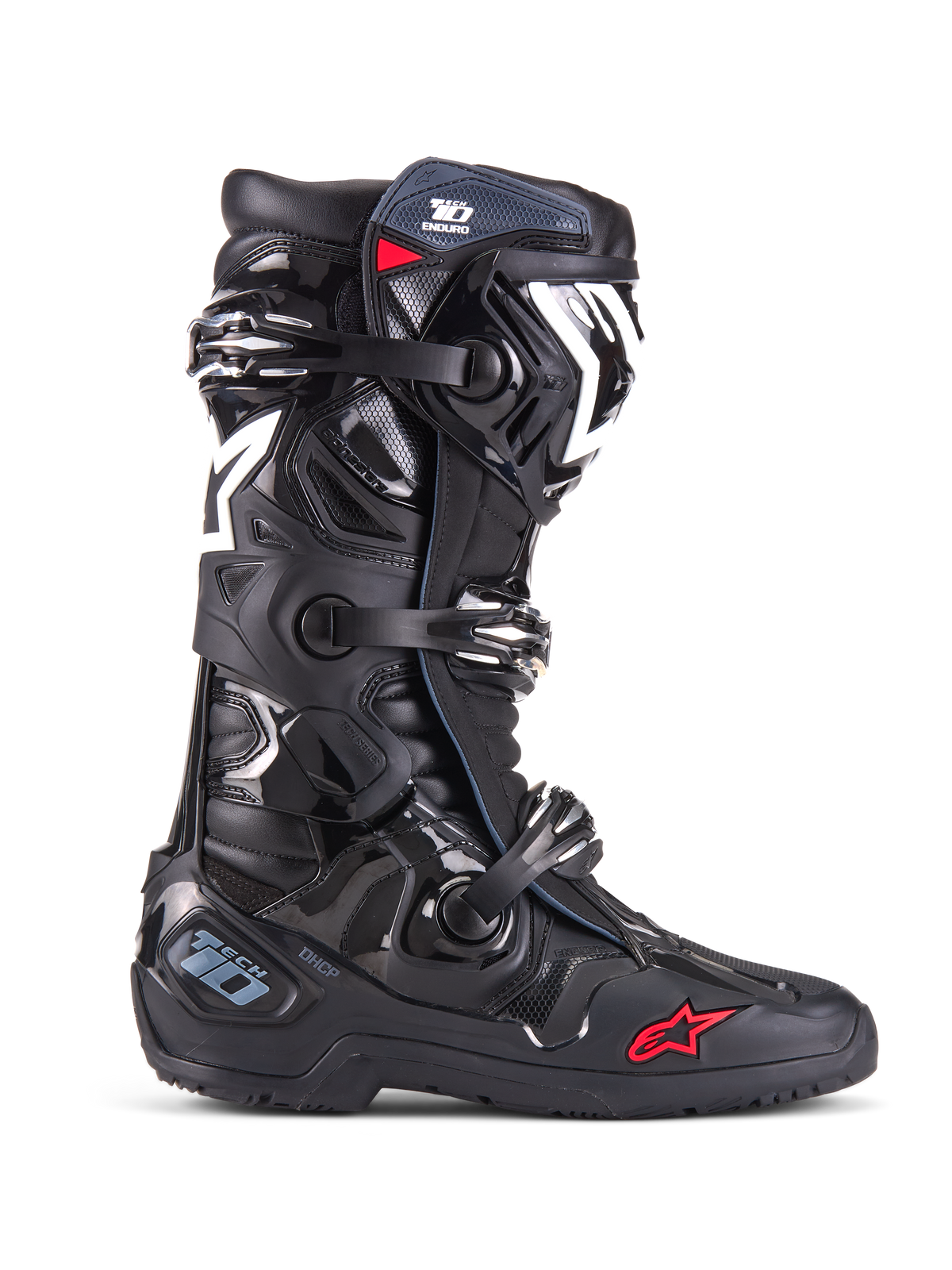Botas Alpinestars Tech 10 Enduro, botas de motocross y todoterreno, negras con detalles en blanco y rojo, sistema de cierre de triple hebilla, espinillera y placa de talón de TPU protectoras, suela de enduro robusta, logotipo de estrella icónico, protección de competición premium