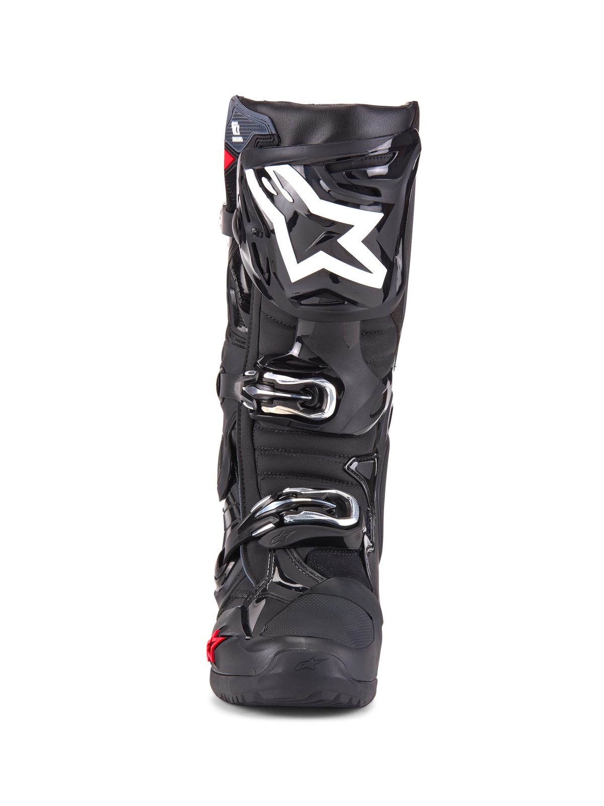 Alpinestars Tech 10 Enduro Boots, botas de motocross, negras, vista frontal que muestra el logotipo de la estrella blanca en la espinilla, hebillas plateadas, acabado negro estilizado con paneles protectores resistentes, calzado de alto rendimiento para conducción todoterreno