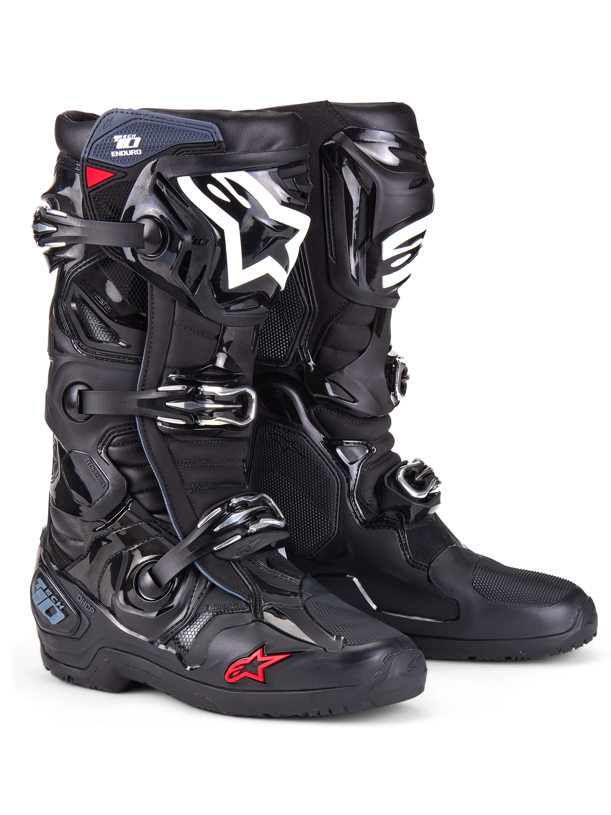 Botas Alpinestars Tech 10 Enduro, botas de motocross, negras con logotipo blanco en la espinillera y pequeño detalle de estrella roja, con sistema de cierre de triple hebilla, protección duradera de TPU y suela de enduro especializada para carreras todoterreno