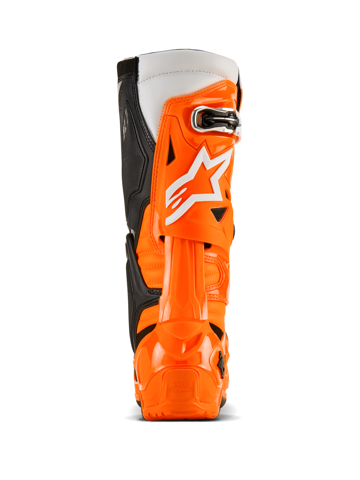 Alpinestars Tech 10 Enduro Boots, Rear View, Orange Fluo Black White, vibrant orange TPU protective shell, white Alpinestars logo, black side panels, and specialized heel protection for off-road riding