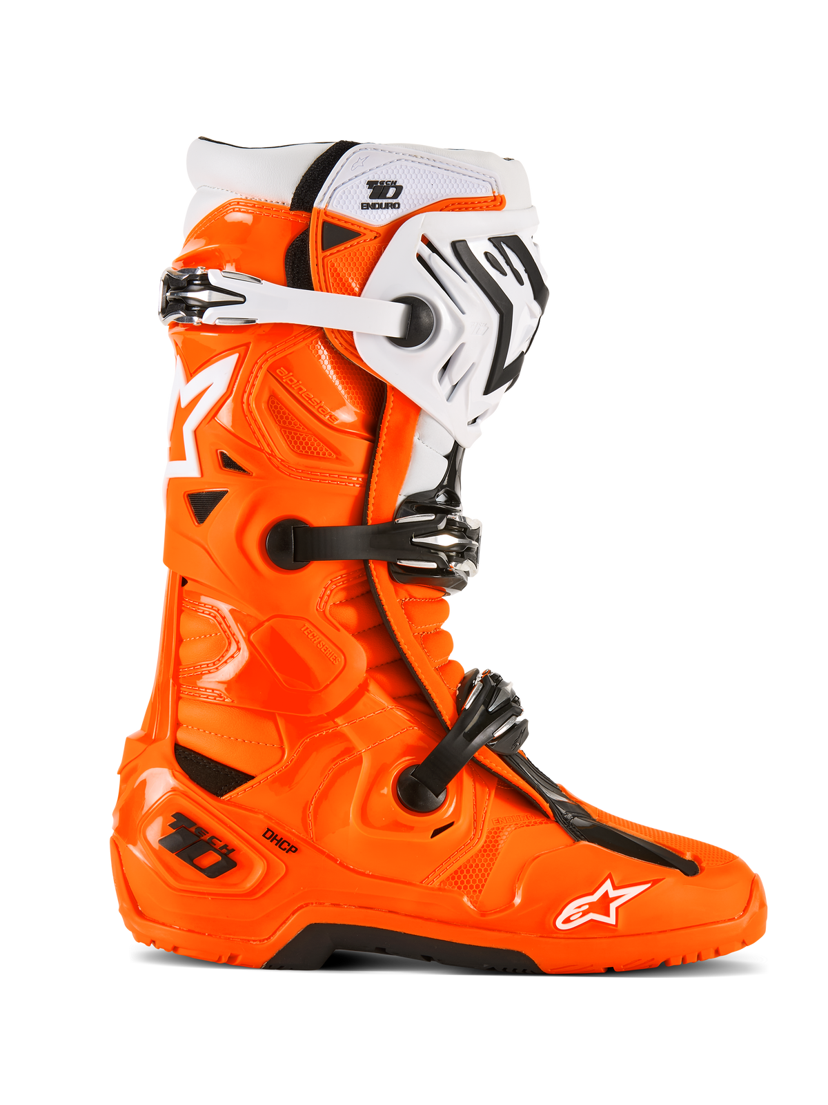 Alpinestars Tech 10 Enduro Boots, Motocross Off-Road Boots, Orange Fluo with Black and White Accents, side view featuring triple buckle closure system, rugged black sole, and protective TPU construction for enduro riding.