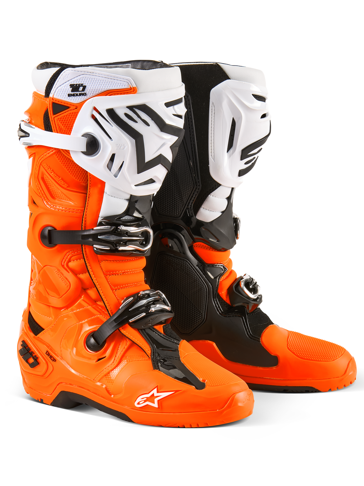 Alpinestars Tech 10 Enduro Boots, Motocross and Enduro Boots, Orange Fluo Black and White, featuring triple buckle closure system, white shin plates with black Alpinestars logo, and rugged dual-compound soles, protective off-road footwear