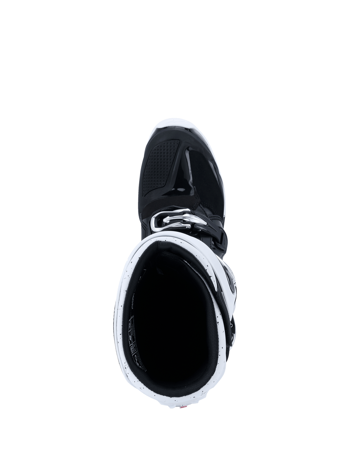 Botas Alpinestars 2026 Tech 7 Enduro, botas de motocross, negro y blanco, vista desde arriba hacia el interior de la caña de la bota mostrando la polaina blanca y el interior negro, equipamiento especializado para off-road y enduro