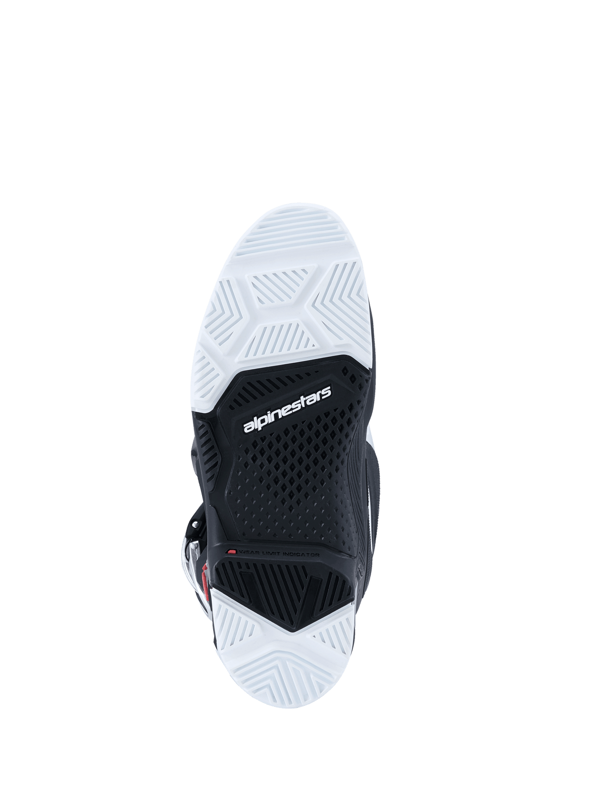 Botas Alpinestars Tech 7 Enduro 2026, vista inferior de la suela, suela de doble compuesto en blanco y negro con patrón de dibujo texturizado, logotipo de Alpinestars en el centro, diseñada para ofrecer durabilidad y agarre en terrenos off-road