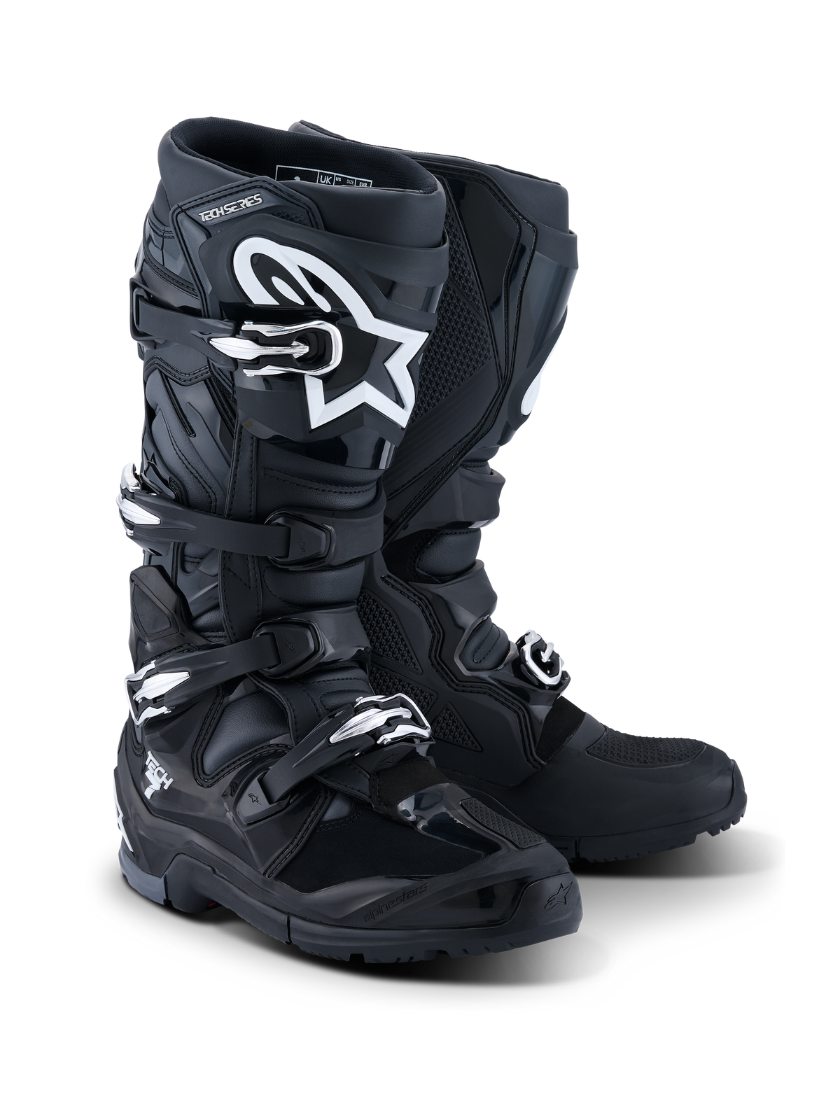 Alpinestars 2026 Tech 7 Enduro Boots, botas de enduro para moto, negro, antracita y blanco, con sistema de cierre de cuatro hebillas, logotipo blanco en la placa de la espinilla y suela robusta de doble compuesto para tracción off-road