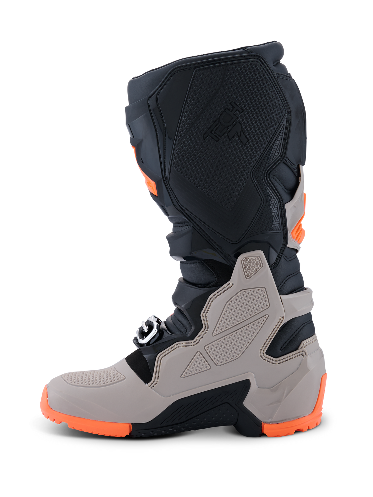 Botas Alpinestars 2026 Tech 7 Enduro, botas de motocross y enduro, negro, gris cálido y naranja flúor, vista lateral con una suela de doble compuesto resistente, protecciones de TPU en la espinilla y el tobillo, y el logotipo Tech 7 en relieve.