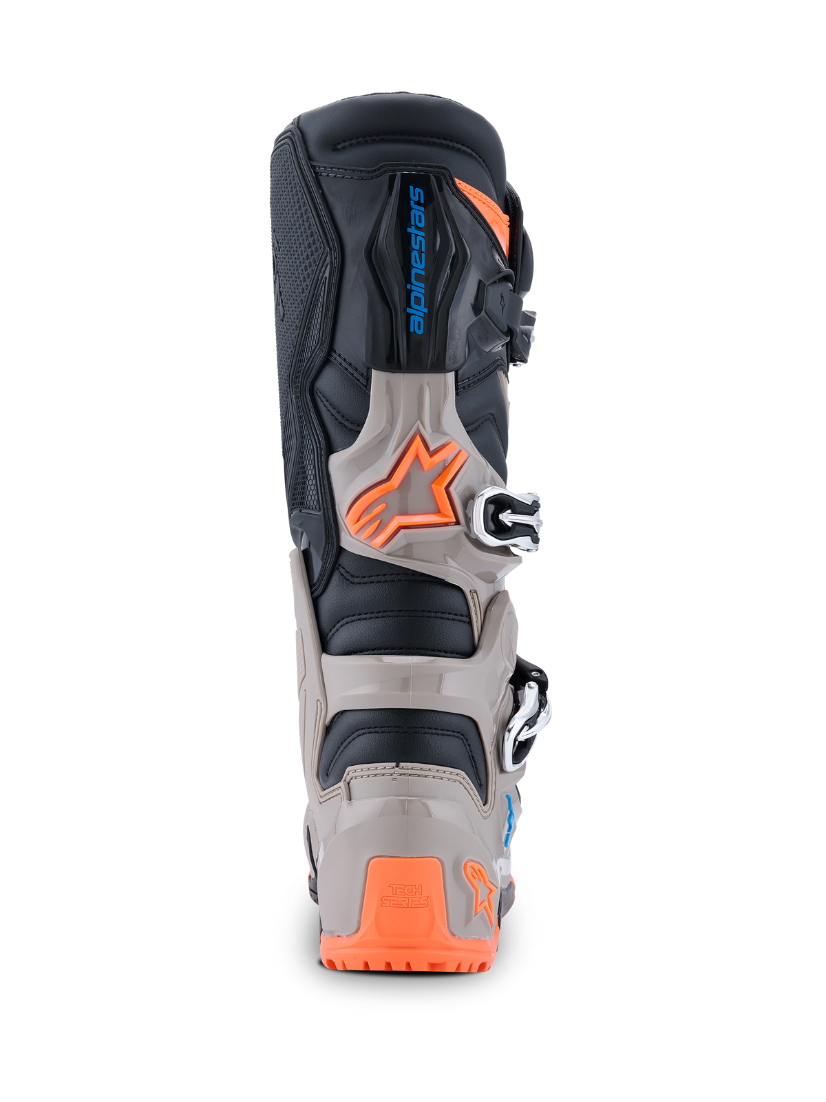 Botas Alpinestars 2026 Tech 7 Enduro, vista posterior, negro, gris cálido y naranja flúor, con protección de TPU, logotipo de Alpinestars y sistema de hebillas seguro para conducción off-road