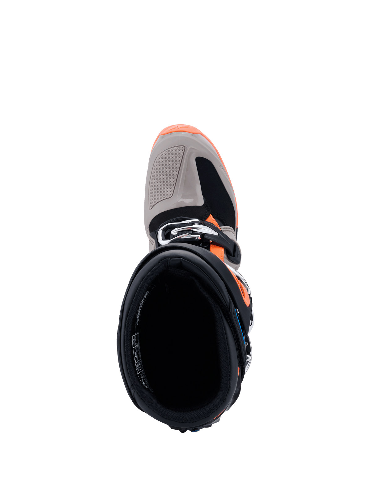 Botas Alpinestars Tech 7 Enduro 2026, vista superior desde arriba hacia la apertura de la bota, Negro, Gris Cálido y Naranja Flúor, muestra el cierre de hebilla y la puntera reforzada, calzado de motociclismo off-road de nivel profesional