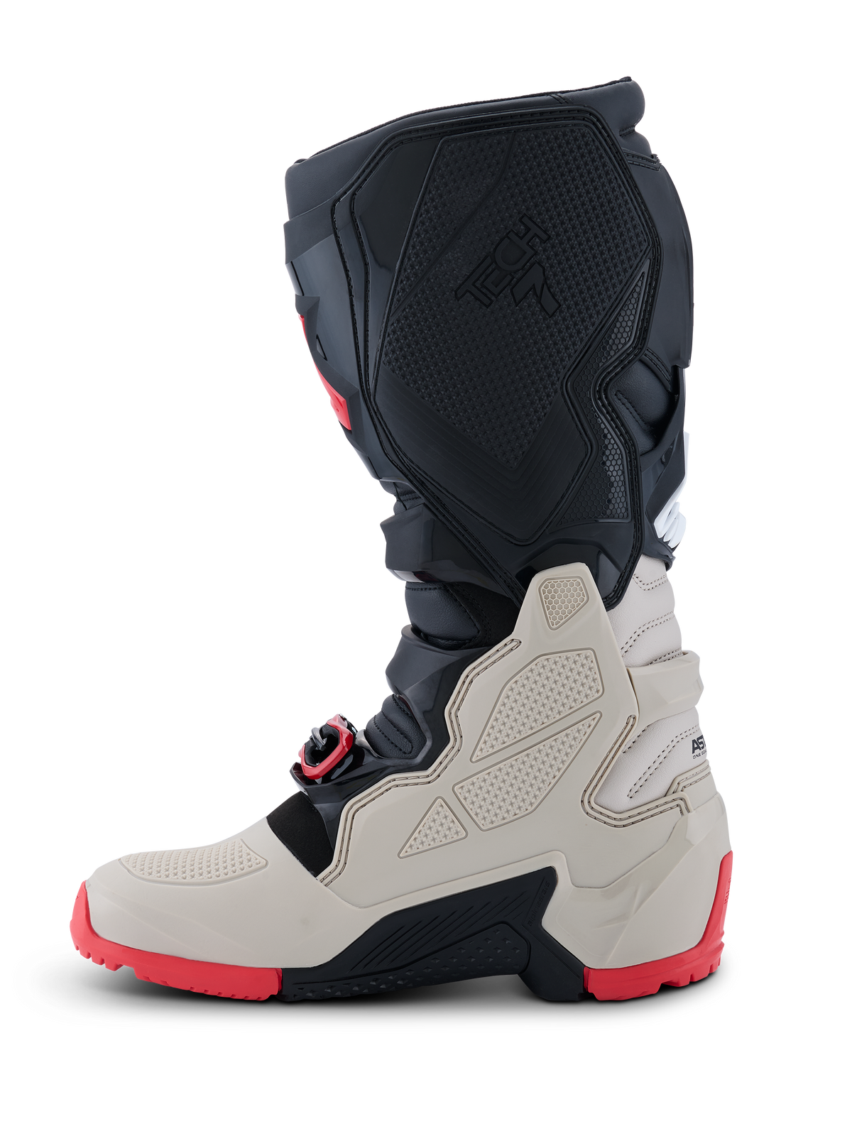 Botas Alpinestars Tech 7 Enduro 2026, botas de moto off-road, negro, gris claro y rojo brillante, vista de perfil que muestra los paneles de protección de TPU, sistema de hebillas autoalineables y suela robusta de doble compuesto roja para enduro
