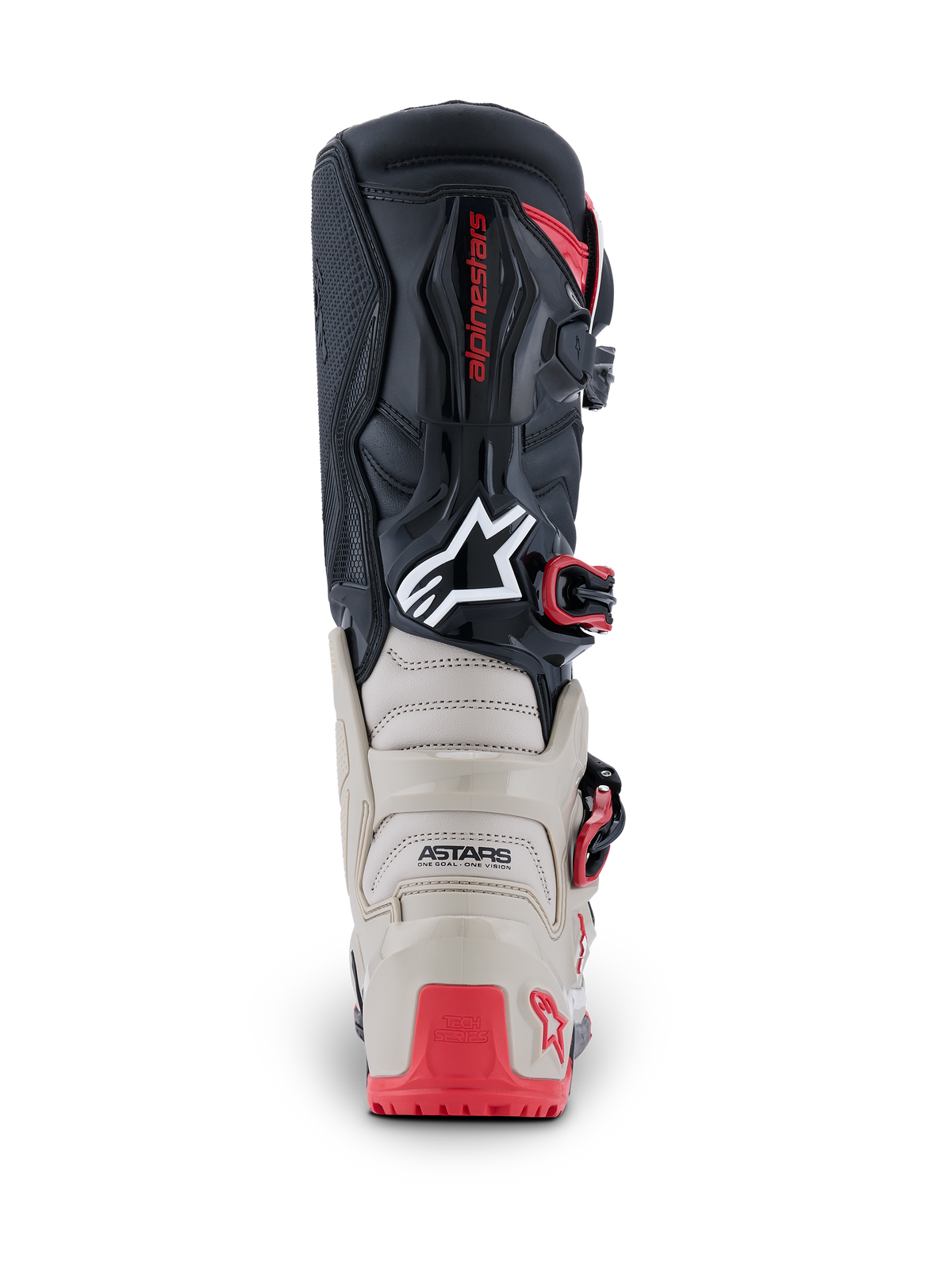 Botas Alpinestars 2026 Tech 7 Enduro, vista trasera, negro, gris claro y rojo brillante, con protección de TPU reforzada en el talón y la pantorrilla, logotipo blanco de Astars y detalles rojos en las hebillas, construcción duradera para carreras off-road