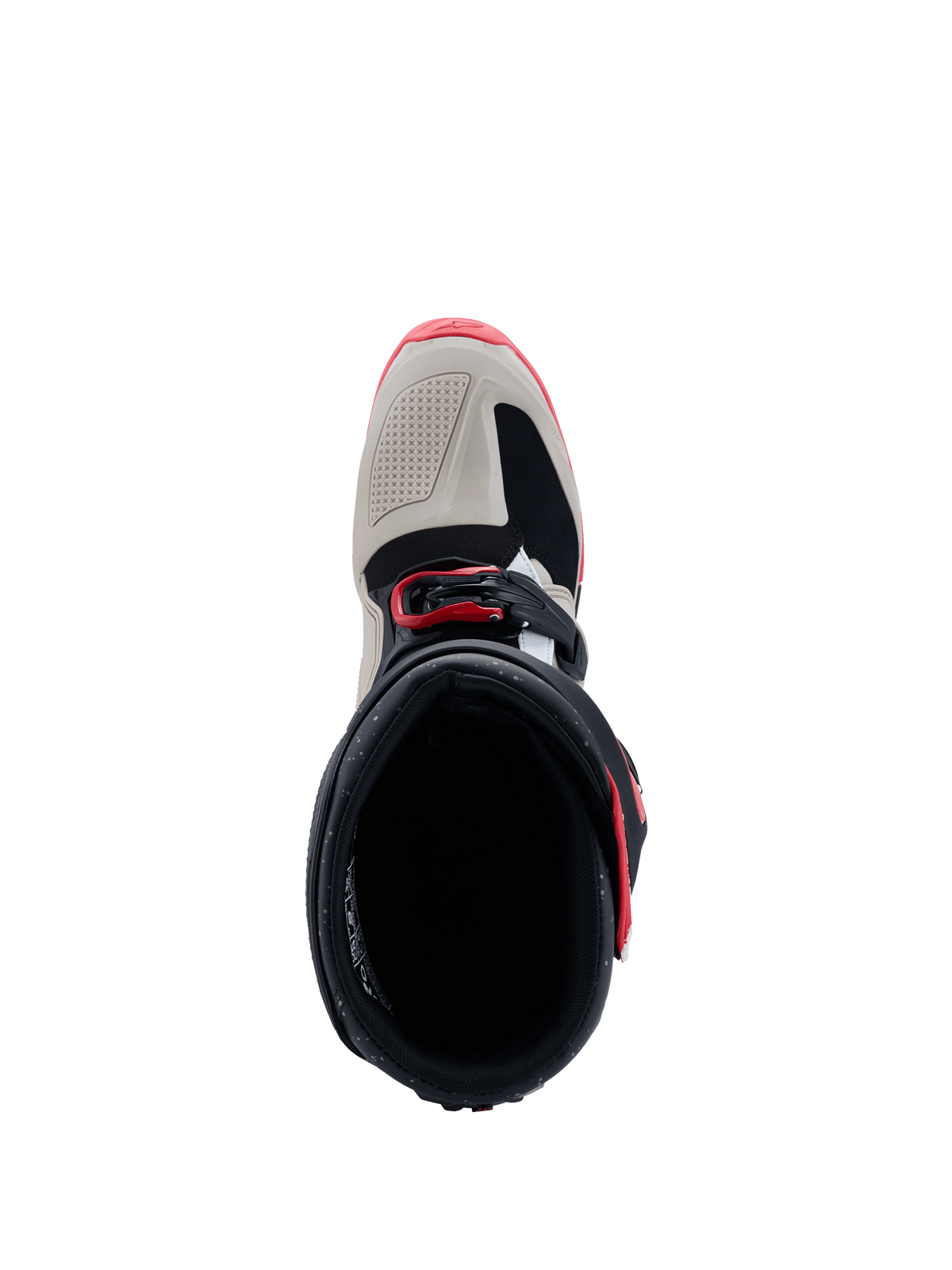 Botas Alpinestars 2026 Tech 7 Enduro, negro, gris claro y rojo brillante, vista superior que muestra la apertura de la bota y la puntera, con refuerzos de TPU gris claro y detalles de hebillas en rojo, calzado especializado para off-road