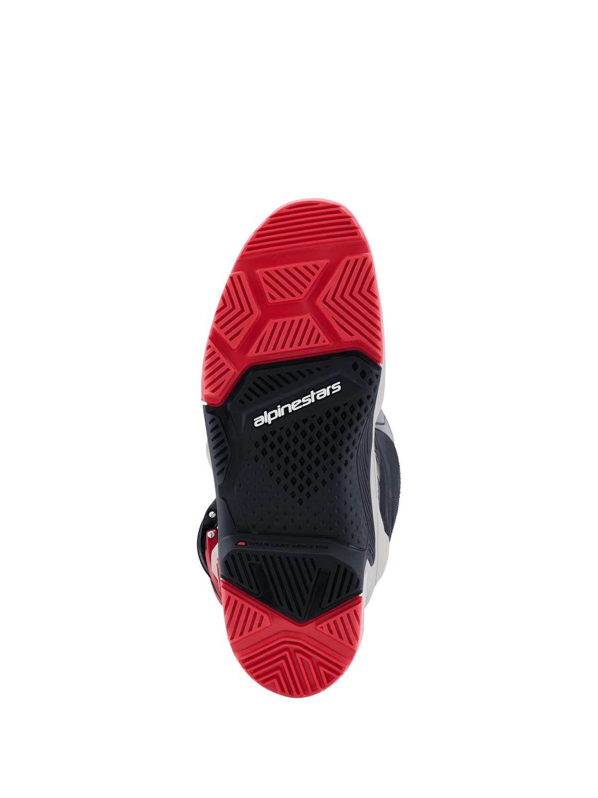 Botas Alpinestars 2026 Tech 7 Enduro, vista inferior de la suela de doble compuesto, goma en rojo brillante y negro con un patrón de dibujo especializado para agarre off-road, con el logotipo blanco de Alpinestars en el centro.