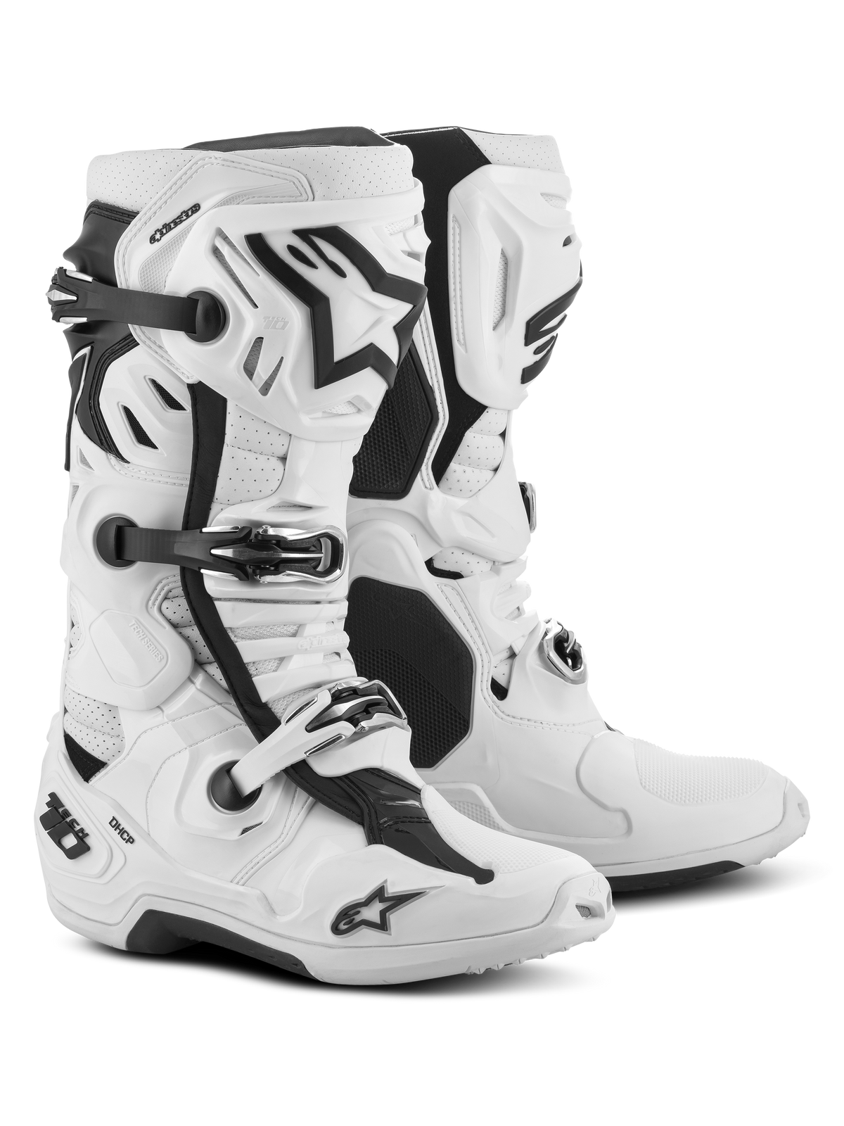 Alpinestars Tech 10 Supervented Boots, Motocross Boots, White, featuring front air inlet ports, ventilated shin plate, and adjustable buckle system, high-performance off-road racing footwear
