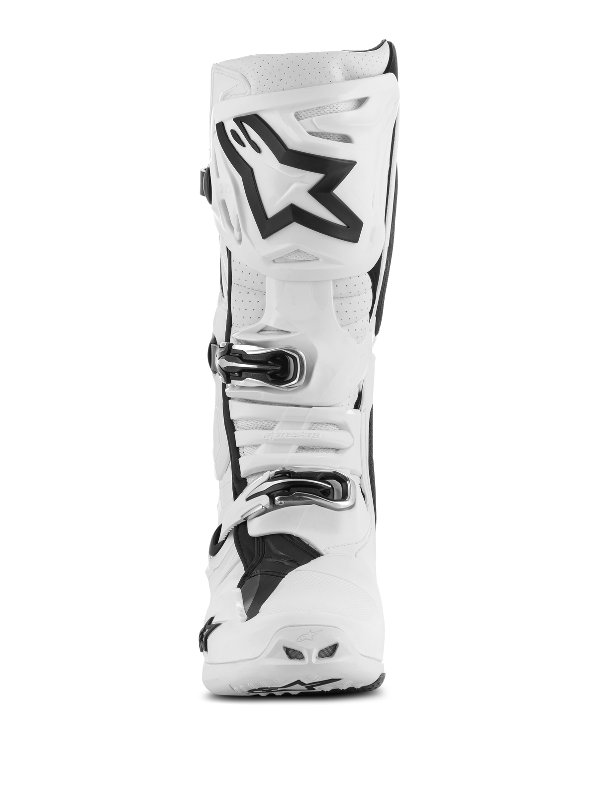 Alpinestars Tech 10 Supervented Boots, Motocross Boots, White with black accents, front view showing large black Astar logo on the shin plate, buckle closure system, and perforated sections for ventilation.