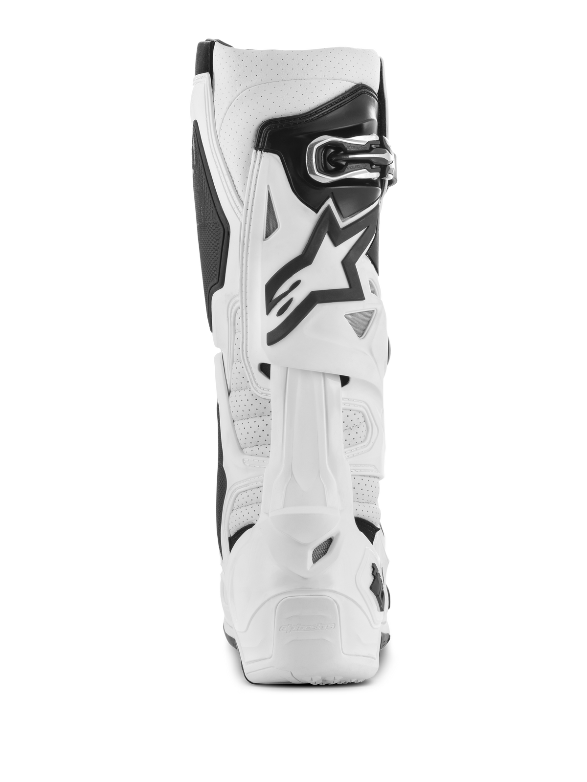 Alpinestars Tech 10 Supervented Boots, White Motocross Boots, Rear view featuring perforated microfiber for airflow, white TPU rear blade system, black star logo, and secure buckle closure, high-performance off-road footwear