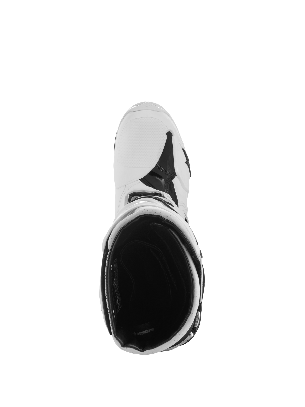 Alpinestars Tech 10 Supervented Boots, Motocross Boots, White and Black, top-down view showing the inner mesh lining and ventilated construction, professional protective footwear for motocross.