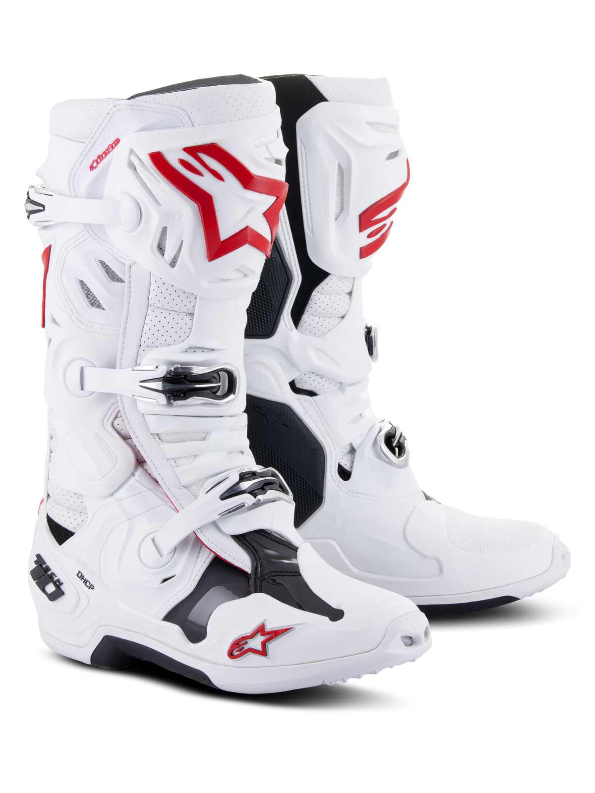 Alpinestars Tech 10 Supervented Boots, Motocross Boots, White and Bright Red, featuring perforated microfiber for airflow, prominent red Astars logos, black buckle closures, and a reinforced TPU chassis for off-road performance.