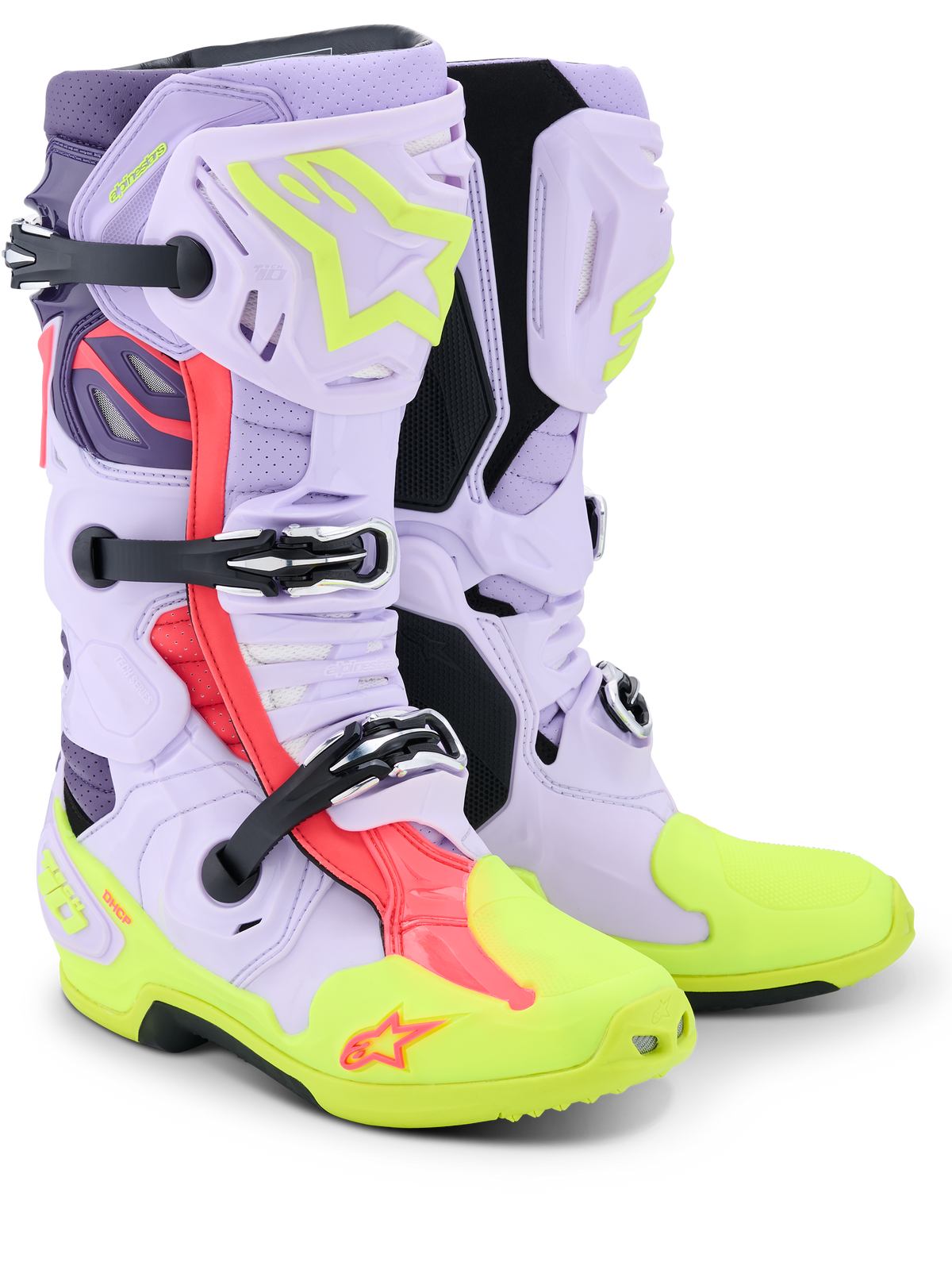 Botas Alpinestars Tech 10 Supervented, botas de motocross, púrpura, amarillo flúor y rosa diva, con construcción de microfibra perforada para un flujo de aire máximo, sistema de hebillas mecánicas, puntera y suela en amarillo neón brillante y detalles en rosa vibrante.
