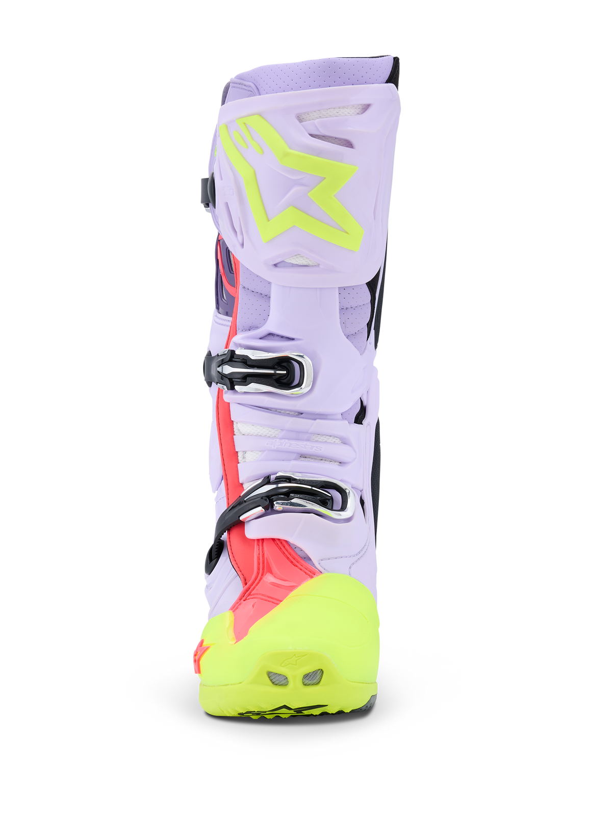 Alpinestars Tech 10 Supervented Boots, botas de motocross, púrpura, amarillo fluo y rosa diva, vista frontal que destaca el sistema de hebillas y la placa de la espinilla ventilada, calzado todoterreno de nivel profesional con parte superior de microfibra perforada