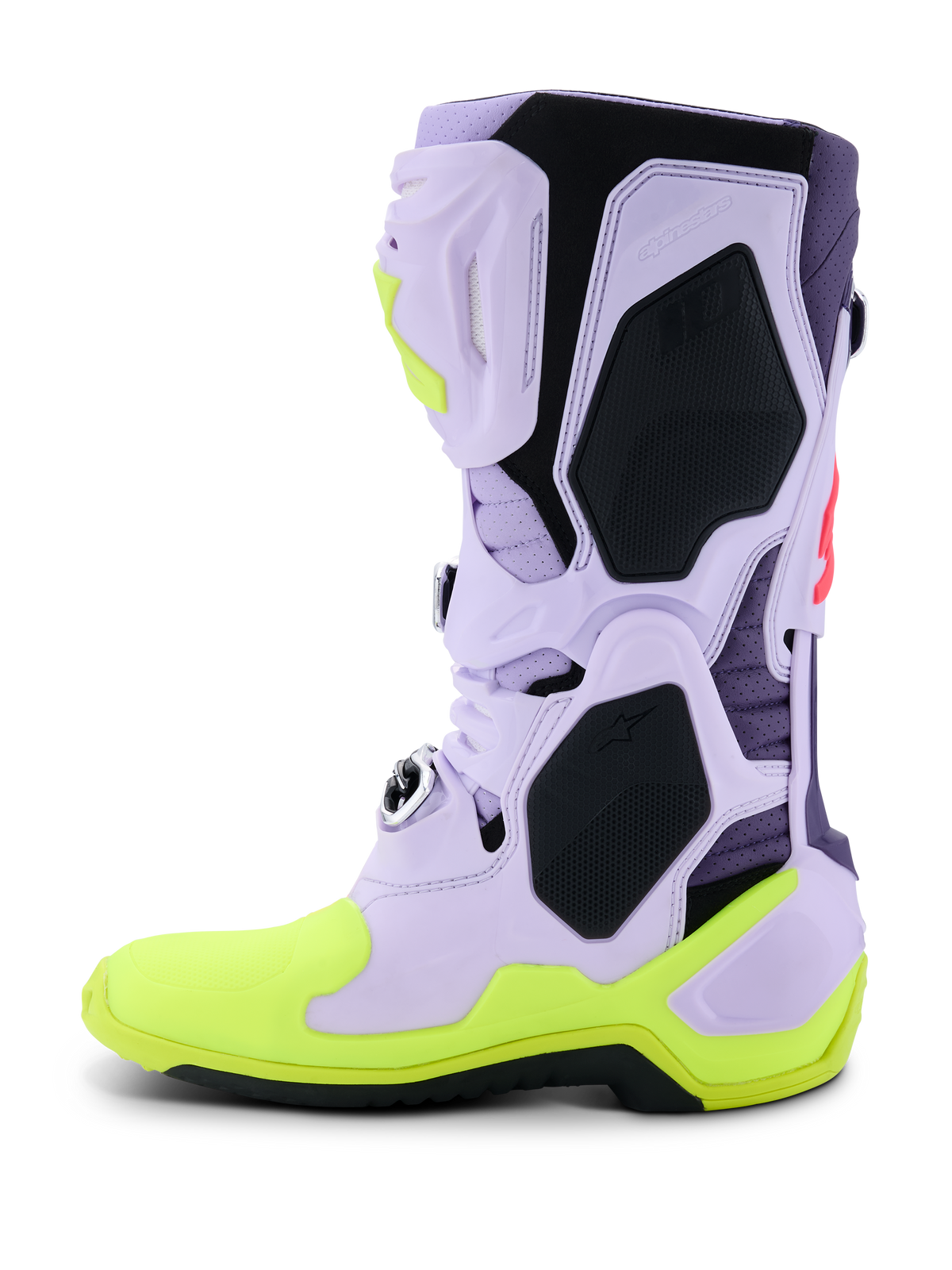 Botas Alpinestars Tech 10 Supervented, botas de motocross, púrpura, amarillo flúor y rosa diva, perfil lateral con parte superior de microfibra perforada color lavanda, paneles de protección de TPU negros y suela amarillo neón, calzado ventilado de alto rendimiento para competición off-road