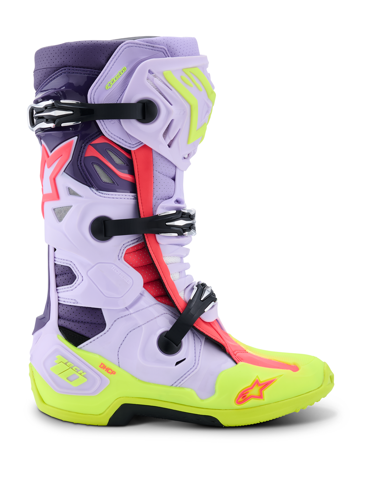 Botas Alpinestars Tech 10 Supervented, botas de competición de motocross, morado, amarillo flúor y rosa diva, con vista de perfil lateral, hebillas negras ajustables, paneles de microfibra ventilados, suela reforzada en amarillo neón y carcasa protectora de alto rendimiento