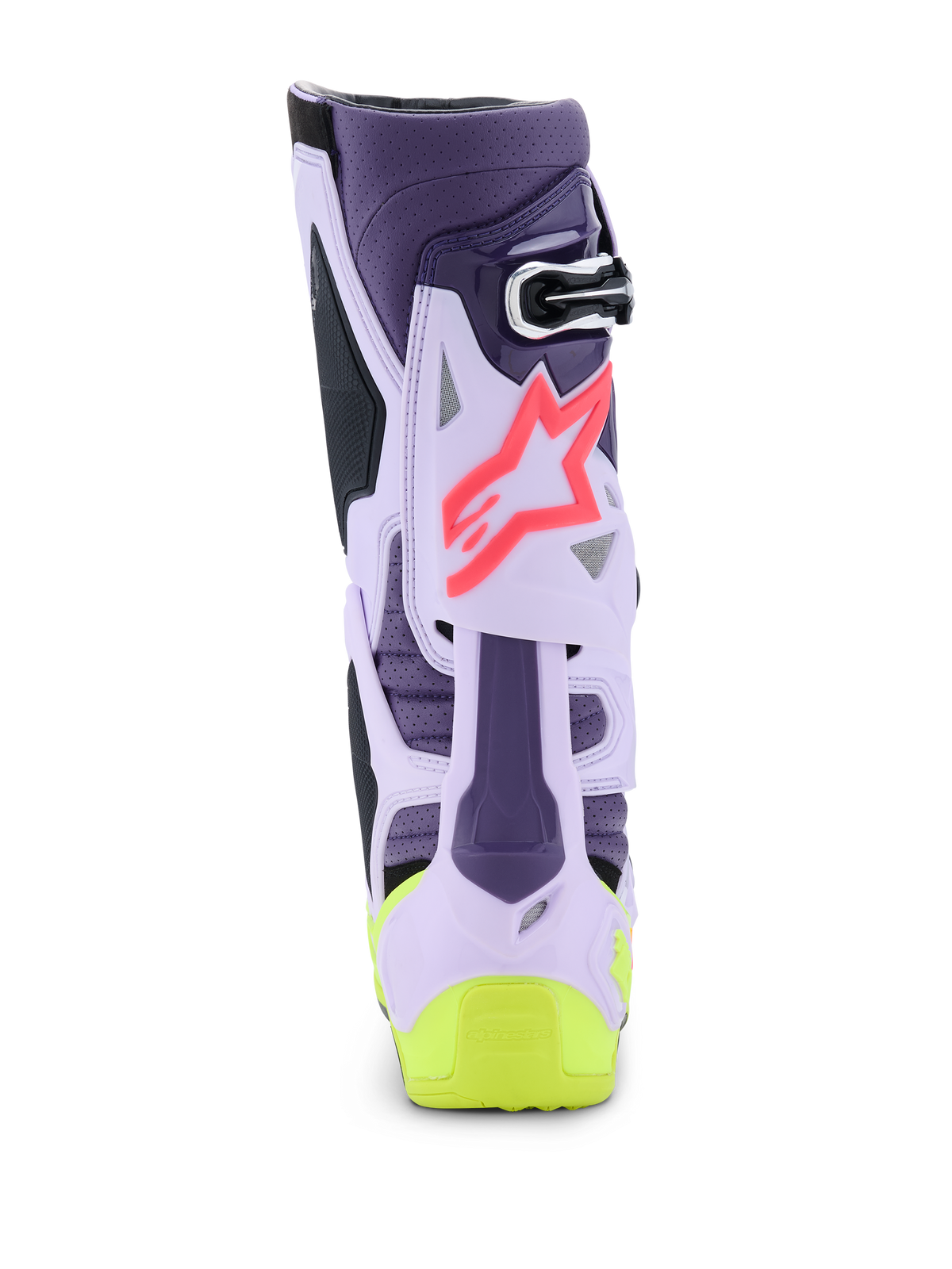 Botas Alpinestars Tech 10 Supervented, vista trasera, combinación de colores púrpura, amarillo flúor y rosa diva, con estructura de TPU ventilada, logotipo de estrella rosa y detalle de talón en amarillo brillante, calzado de motocross de nivel profesional
