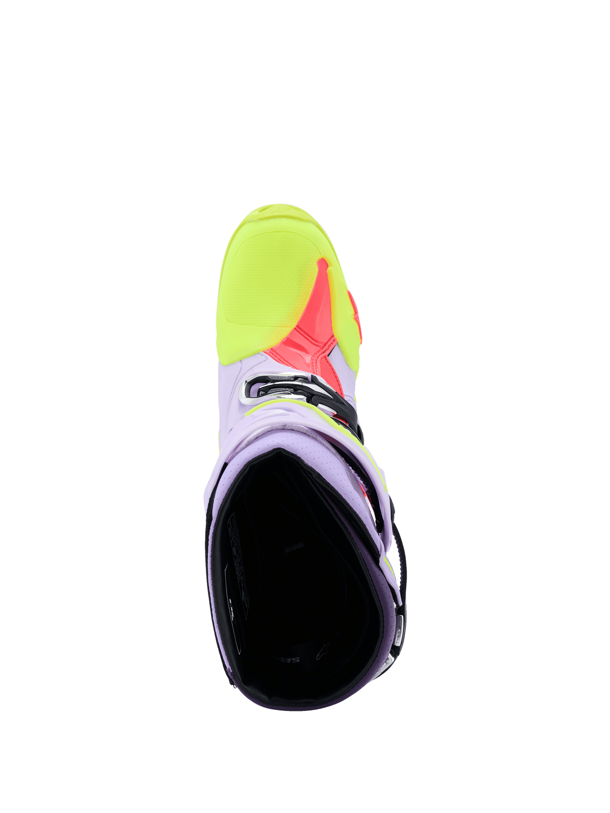 Botas Alpinestars Tech 10 Supervented en púrpura, amarillo flúor y rosa diva, vista superior que muestra el interior y la construcción de microfibra perforada para la circulación de aire, calzado de motocross de alto rendimiento