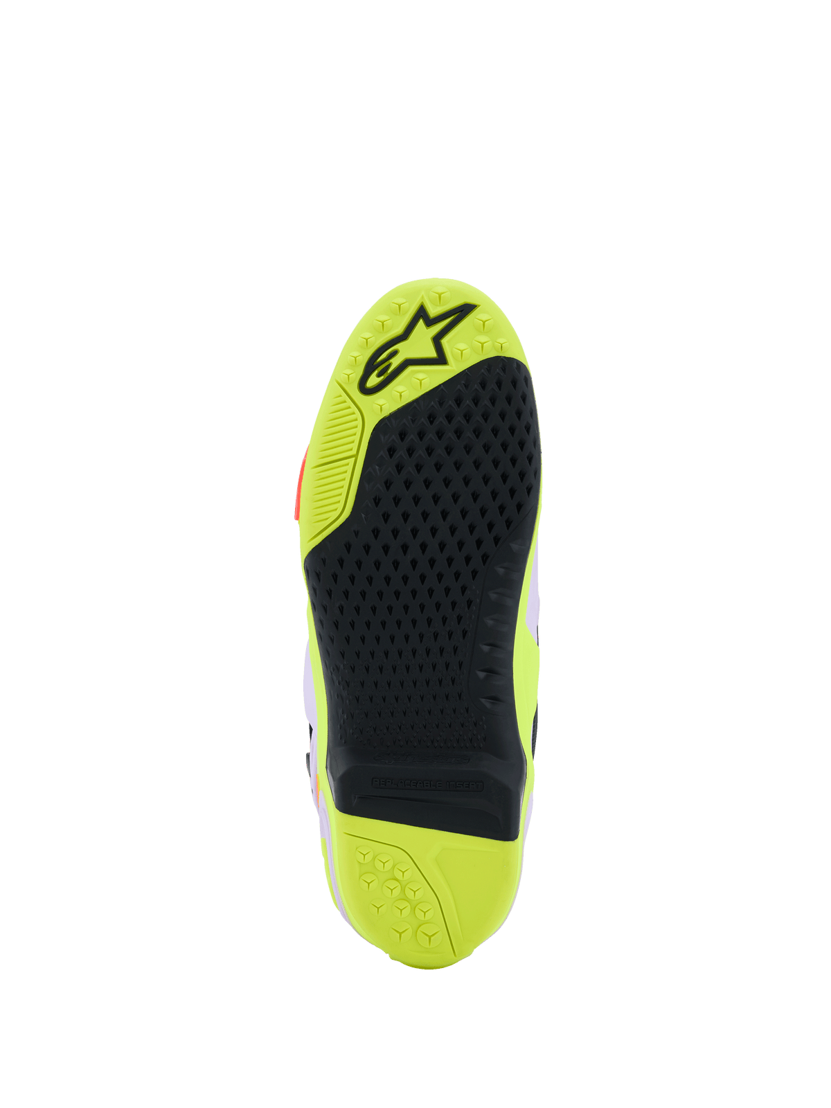 Botas Alpinestars Tech 10 Supervented, vista detallada de la suela, Amarillo Flúor y Negro, con patrón de agarre de panal, inserción central reemplazable y superficie texturizada para tracción en los estribos