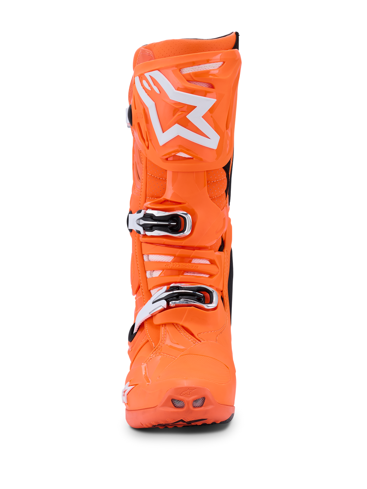 Botas Alpinestars Tech 10 Supervented, Naranja Fluo Negro Blanco, vista frontal de una sola bota de motocross naranja neón brillante, logotipo de la estrella Alpinestars blanco en la placa de la espinilla, hebillas mecánicas y puertos de ventilación perforados para rendimiento todoterreno.