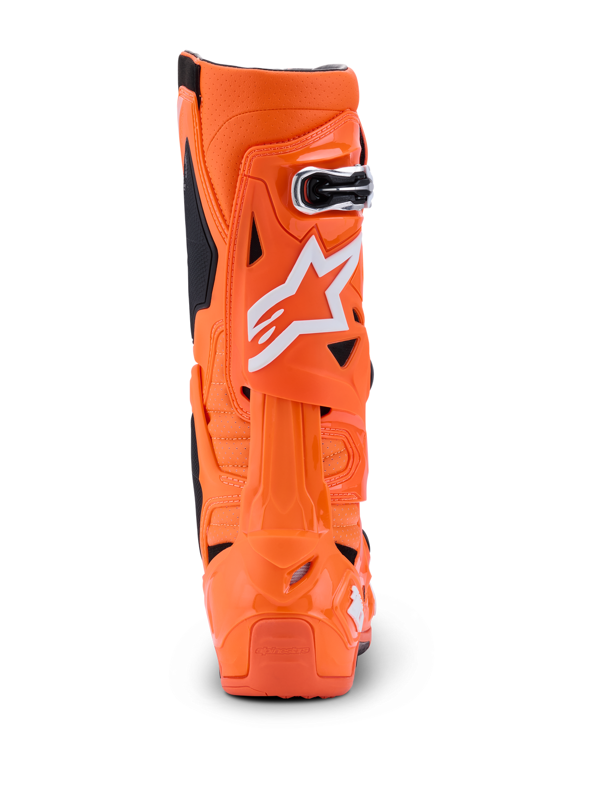 Botas Alpinestars Tech 10 Supervented, naranja fluo, negro y blanco, vista trasera que muestra el perfil posterior, carcasa de TPU rígido con el logo de Alpinestars en blanco, calzado de alto rendimiento para motocross profesional