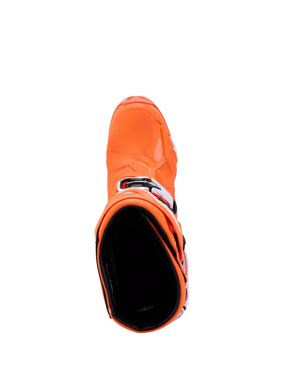 Botas Alpinestars Tech 10 Supervented, naranja flúor, negro y blanco, vista superior hacia el interior de la bota, muestra la puntera texturizada y las hebillas laterales, calzado avanzado para carreras de motocross