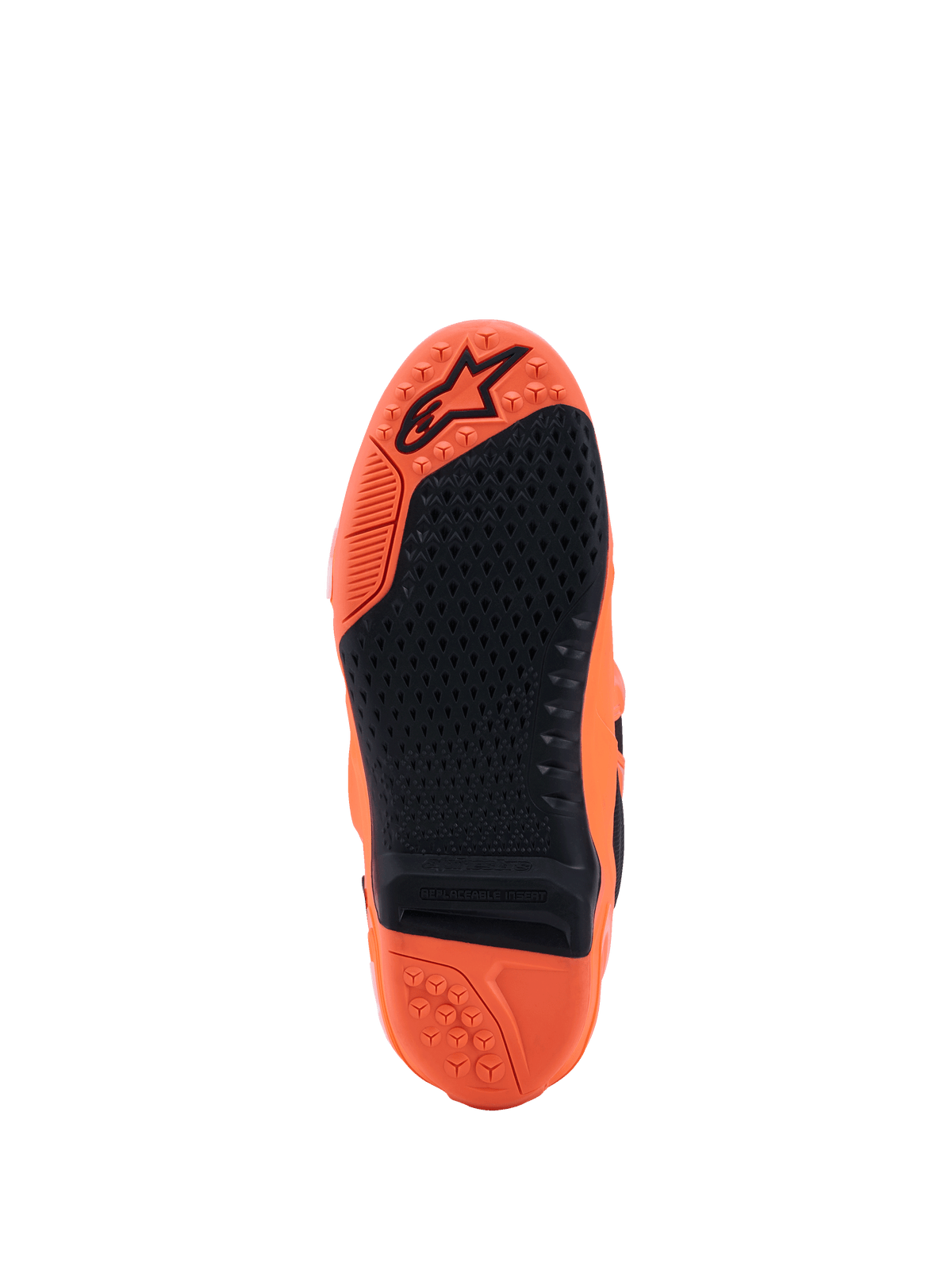Botas Alpinestars Tech 10 Supervented, naranja flúor y negro, vista de la suela con agarre de goma negra texturizada, inserción central reemplazable y logotipo en relieve en la banda de rodadura naranja, diseñadas para el rendimiento en motocross.