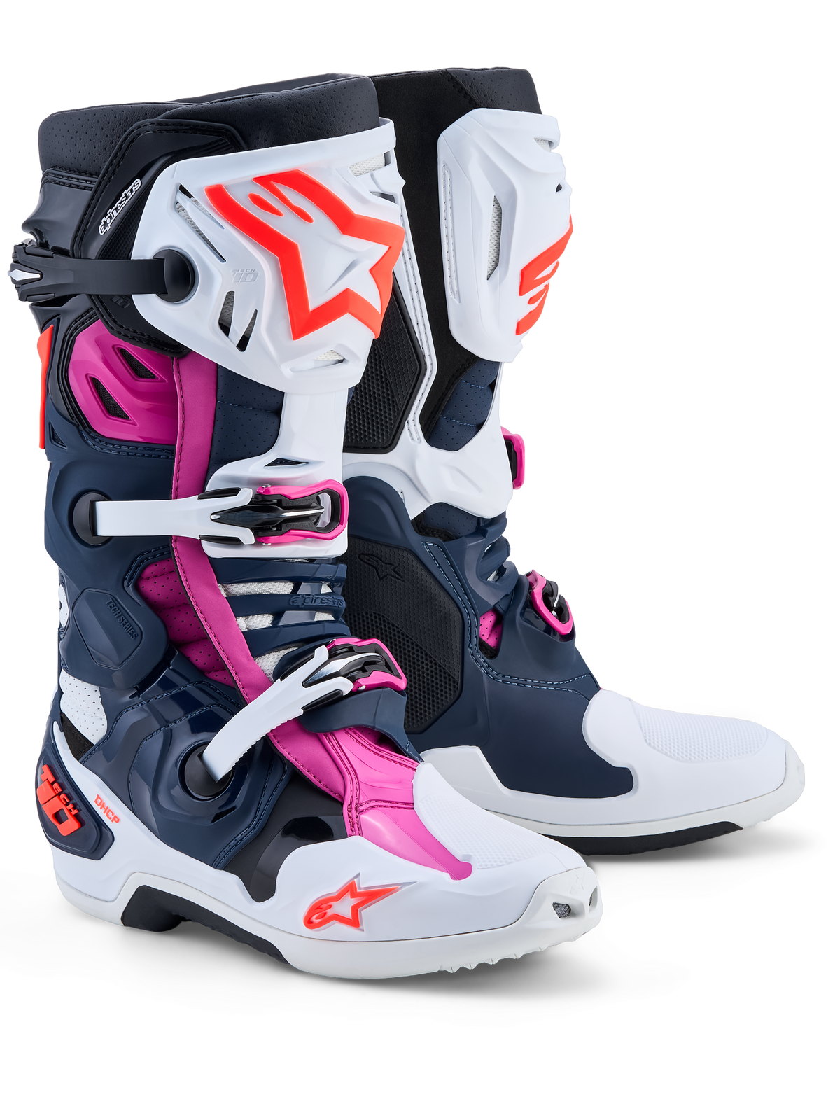 Alpinestars Tech-10 Supervented, botas de motocross para hombre, azul oscuro, blanco y fucsia, con carcasas de TPU ventiladas