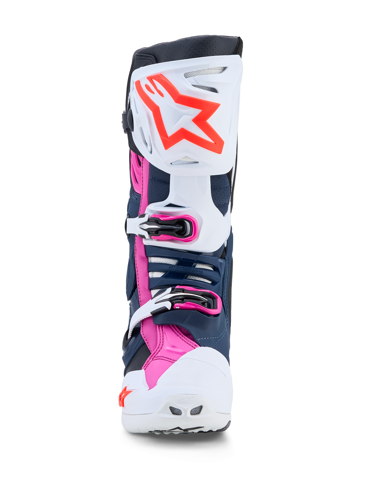 Alpinestars Tech-10 Supervented, botas de motocross, blancas, azul oscuro y fucsia, paneles de TPU ventilados para off-road