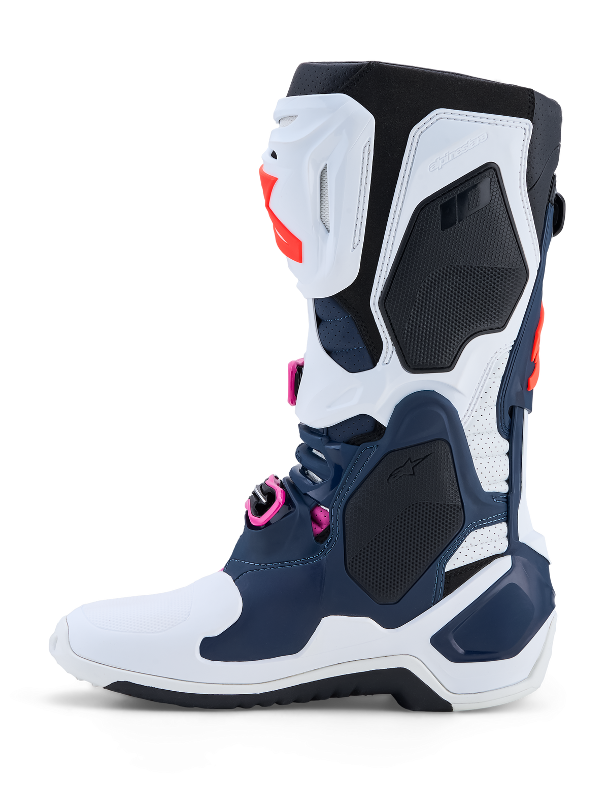 Alpinestars Tech-10 Supervented, botas de motocross en azul oscuro y blanco con detalles fucsia y carcasa ventilada.