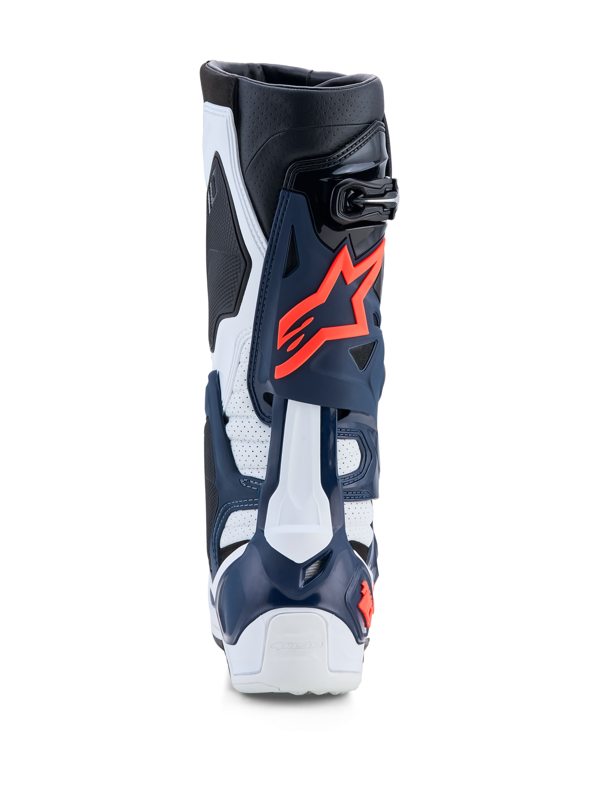 Alpinestars Tech-10 Supervented, botas de motocross en azul y blanco con fucsia, construcción de TPU perforado.