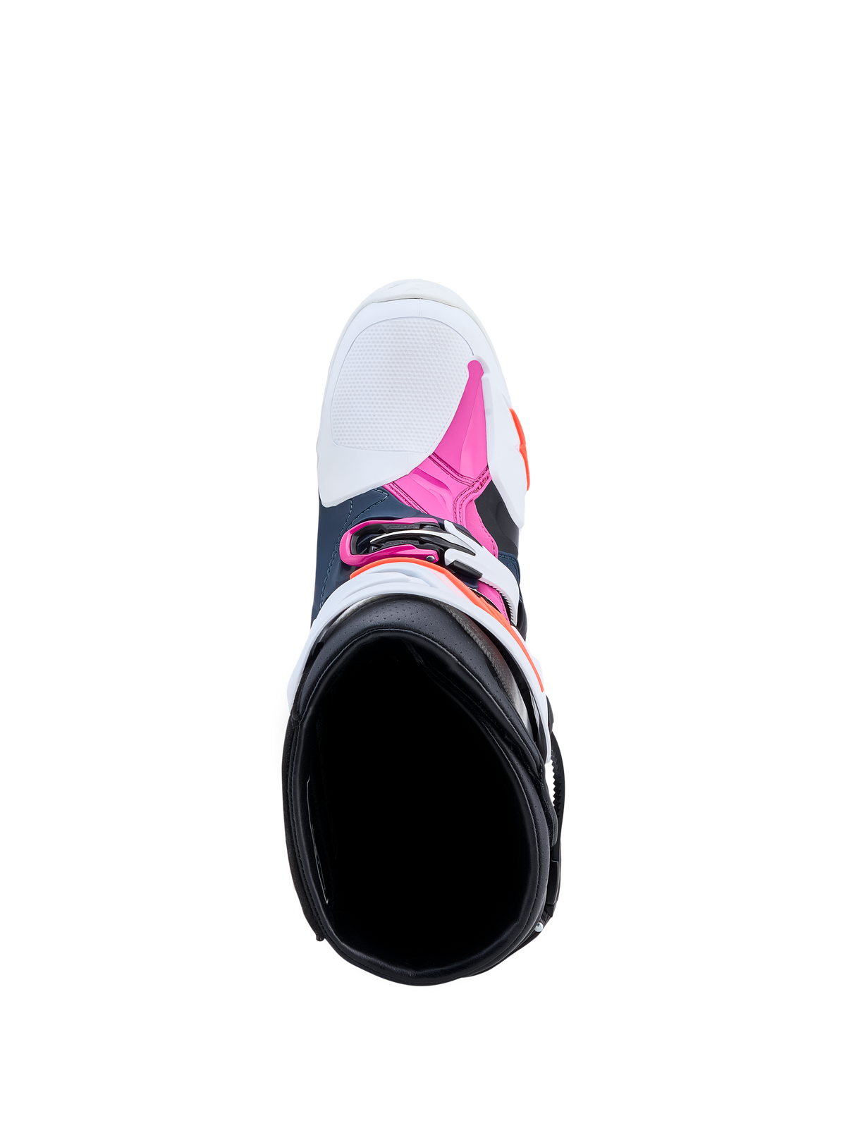 Botas de motocross Alpinestars Tech-10 Supervented en azul oscuro, blanco y fucsia, vista superior del interior