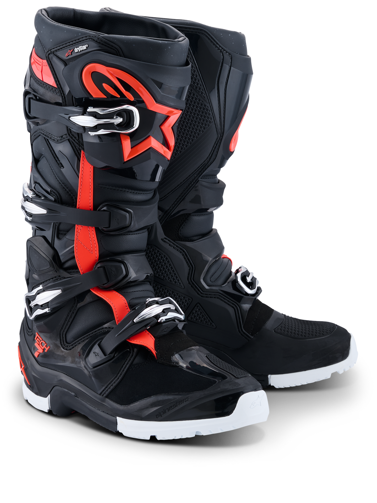 Botas Alpinestars Tech 7 Enduro Drystar® 2026, botas de motocross para enduro, negro, rojo flúor y blanco, con detalles en rojo flúor y el logo de la estrella, múltiples cierres de hebilla y suelas blancas resistentes para rendimiento todoterreno