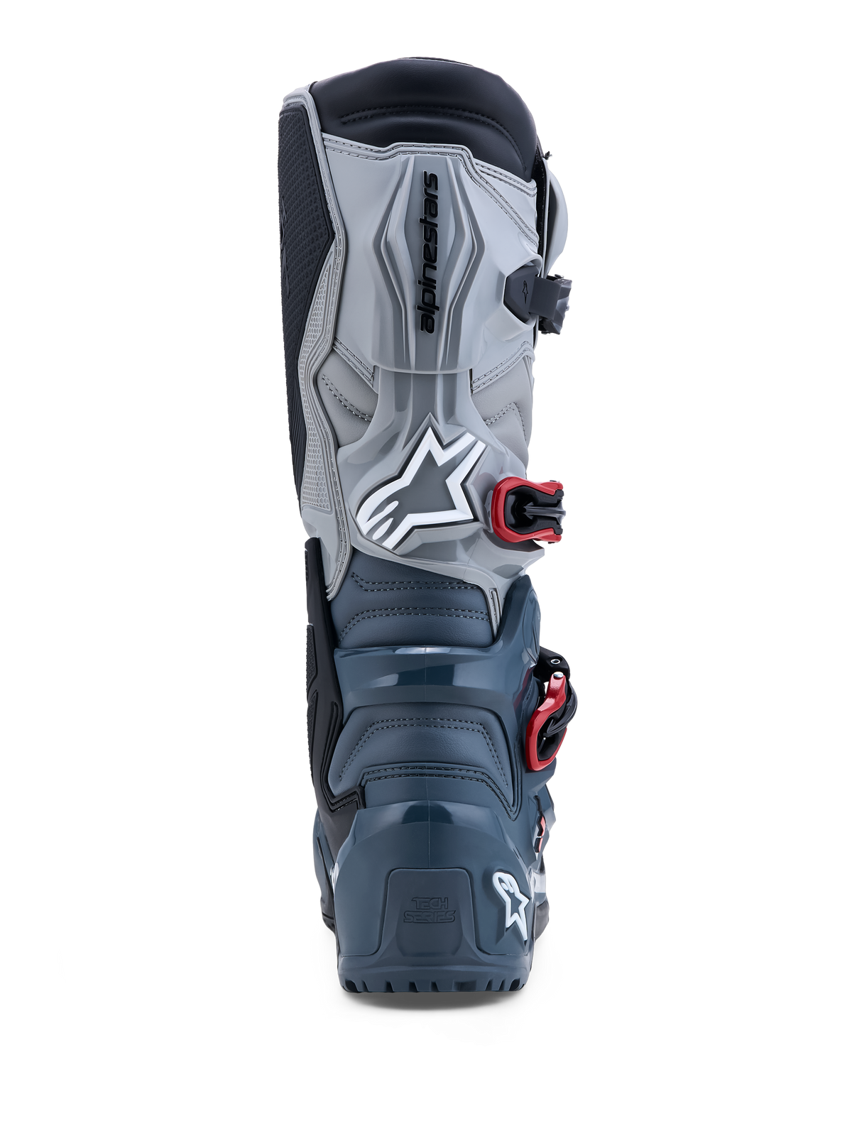 Alpinestars Tech 7 Enduro Drystar® Boots in Dark Gray and Red, waterproof off-road boots with TPU protection, rear view.