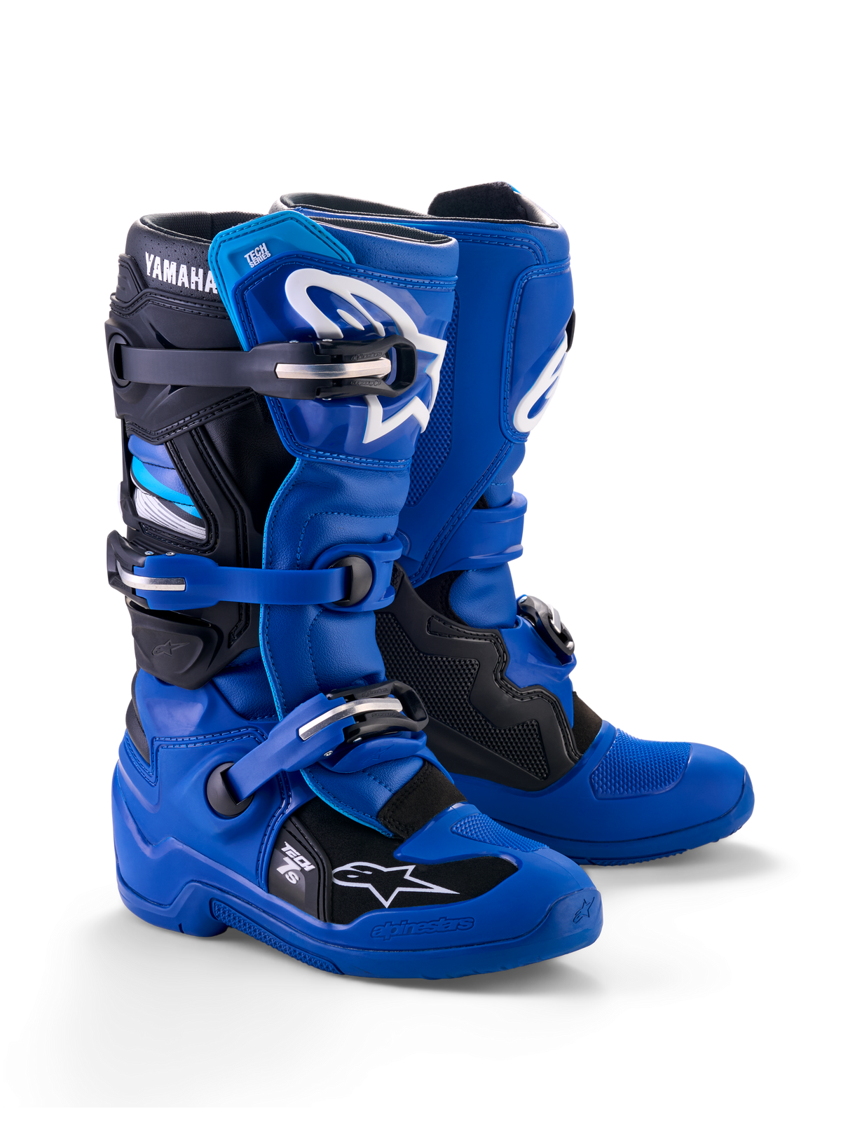 Botas Alpinestars Yamaha Youth Tech 7S, botas de motocross para jóvenes, azul, negro y blanco, con sistema de cierre de múltiples hebillas, carcasa protectora de TPU y logotipos de Alpinestars blancos con la marca Yamaha en la parte superior