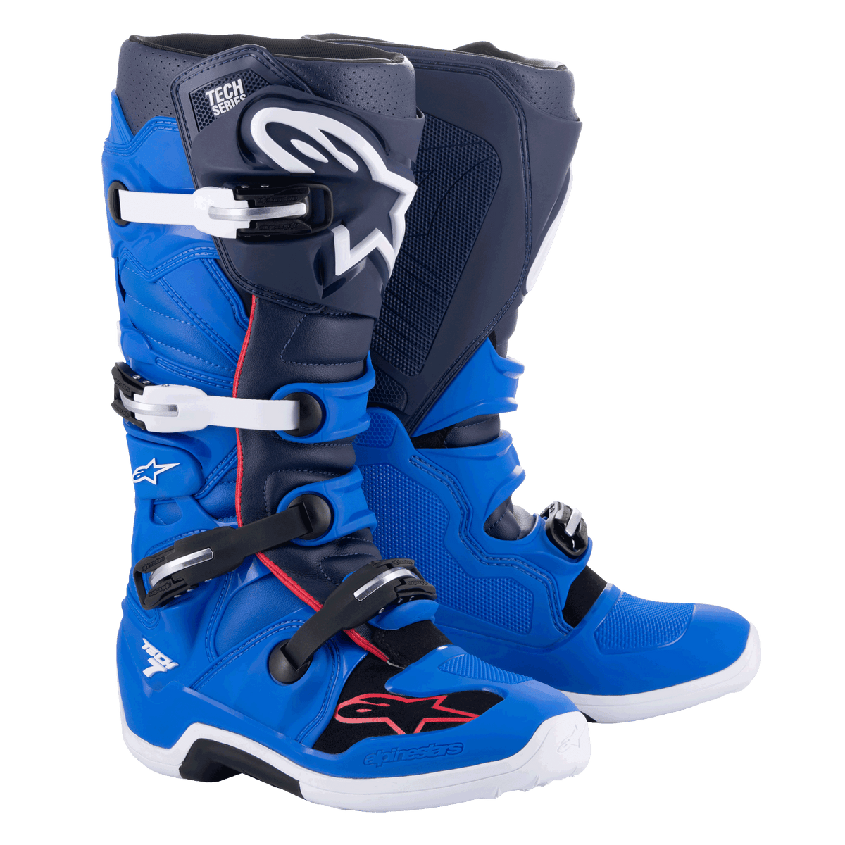 Botas Alpinestars Tech 7, botas de motocross, azul alpino, azul noche y rojo brillante, con hebillas de aluminio blancas y negras, gran logotipo de estrella blanca en la espinilla y suelas blancas duraderas, equipo de protección para carreras off-road