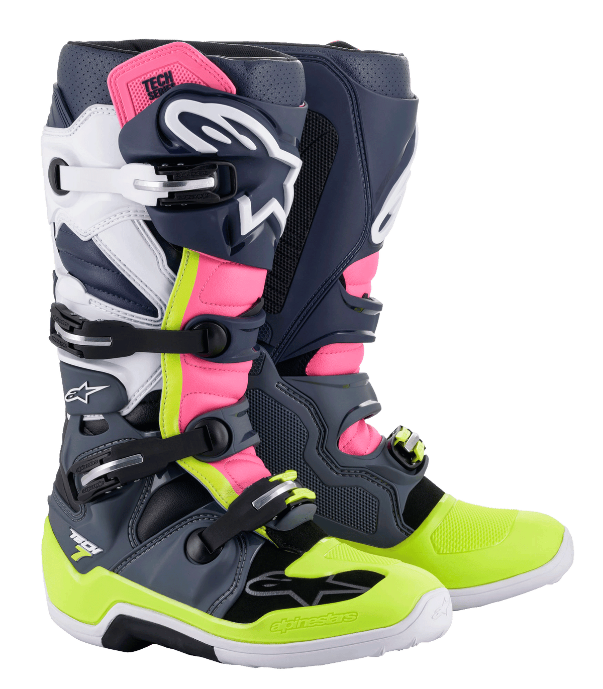 Alpinestars Tech 7 Boots, Motocross Boots, Dark Gray, Dark Blue, Pink Fluo, and Neon Yellow, featuring a multi-buckle closure system, TPU protection panels, and Alpinestars branding for off-road racing