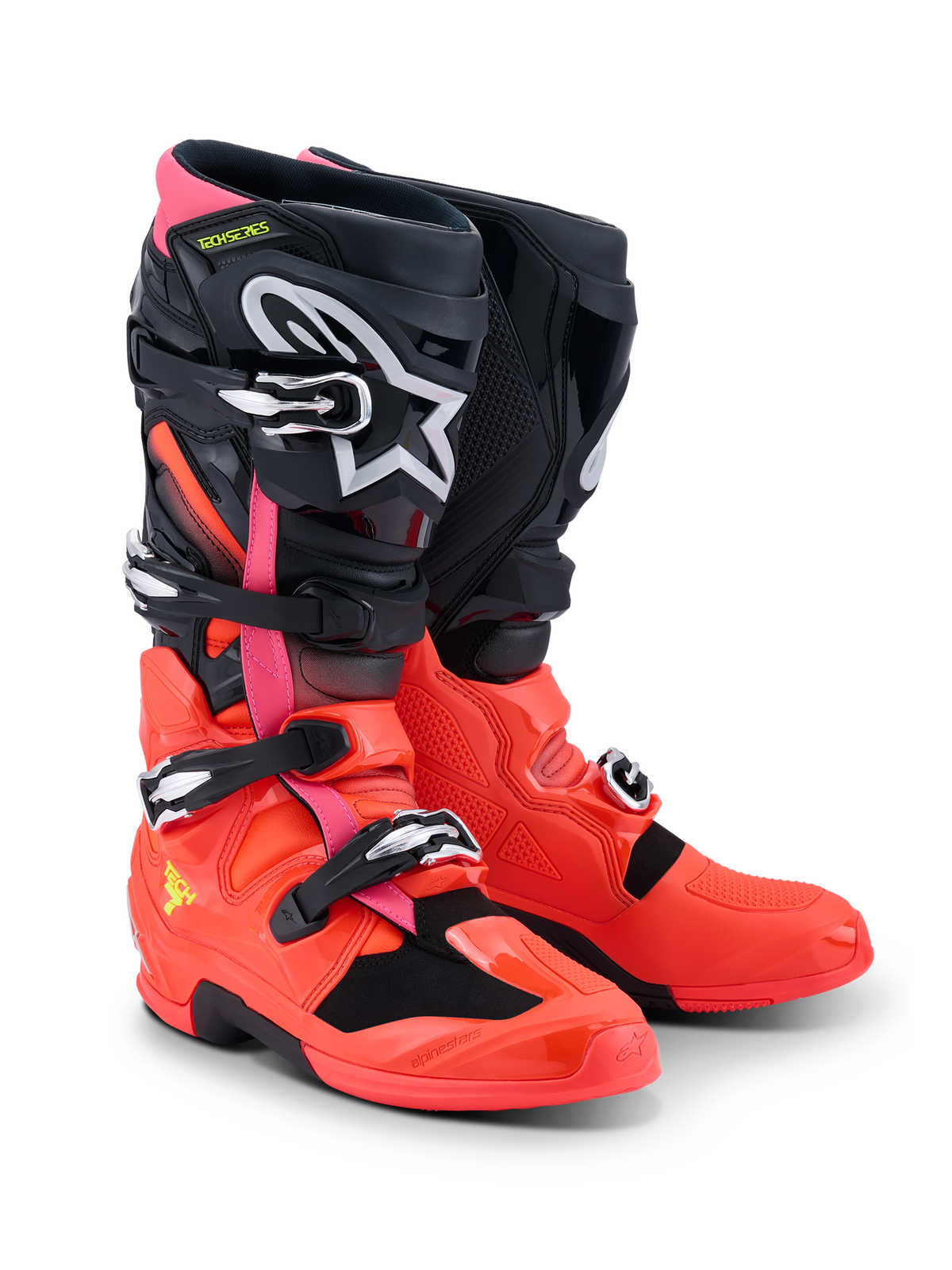 Botas Alpinestars Tech 7, botas de motocross, negro, rojo flúor y rosa flúor, con hebillas de liberación rápida, sistema de doble pivote y carcasa protectora de TPU, equipo de rendimiento duradero para conducción off-road