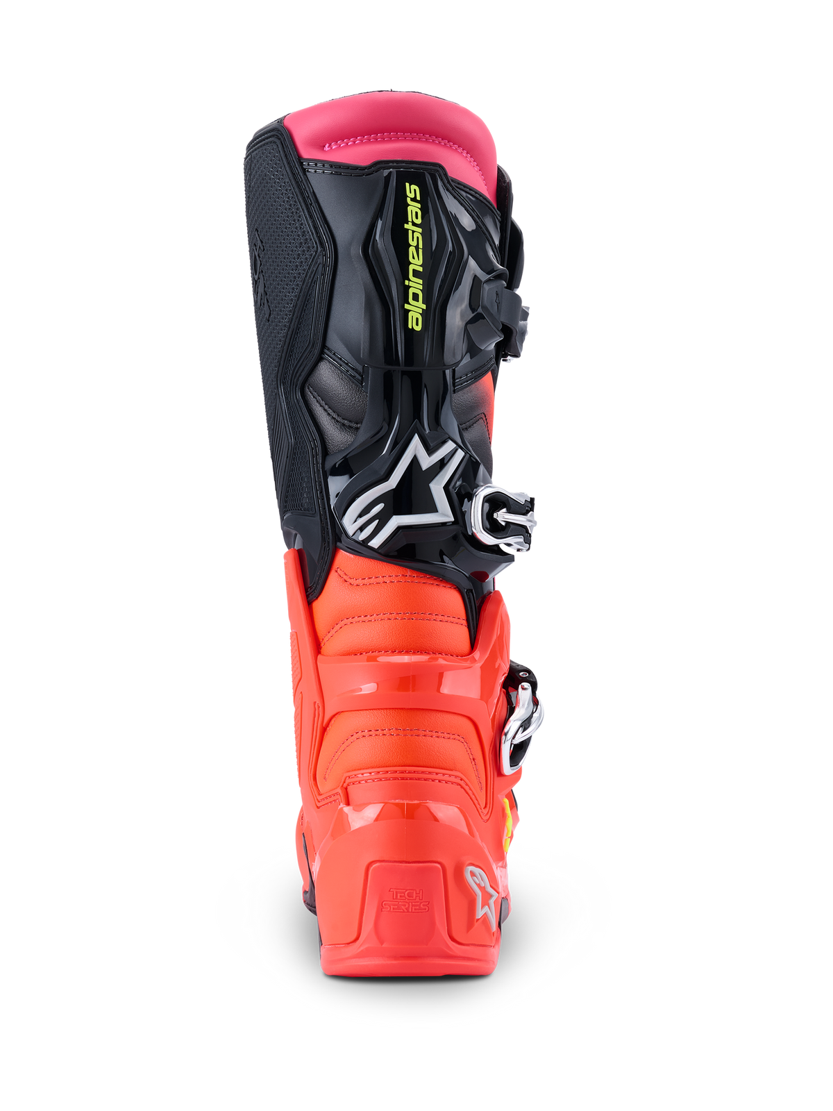 Botas Alpinestars Tech 7, botas de motocross, negro, rojo flúor y rosa flúor, vista posterior que muestra el talón de TPU reforzado, la parte superior multimaterial y la polaina superior rosa flúor.