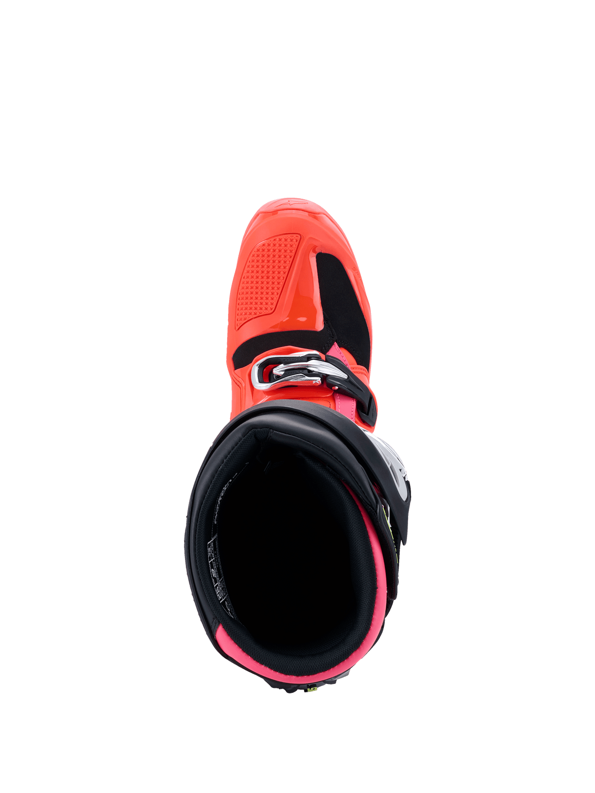 Botas Alpinestars Tech 7, Colección MX26, botas de motocross, negro, rojo fluo y rosa fluo, vista cenital del interior de la bota, con forro rosa fluorescente y carcasa exterior rojo fluo con cierre de hebilla