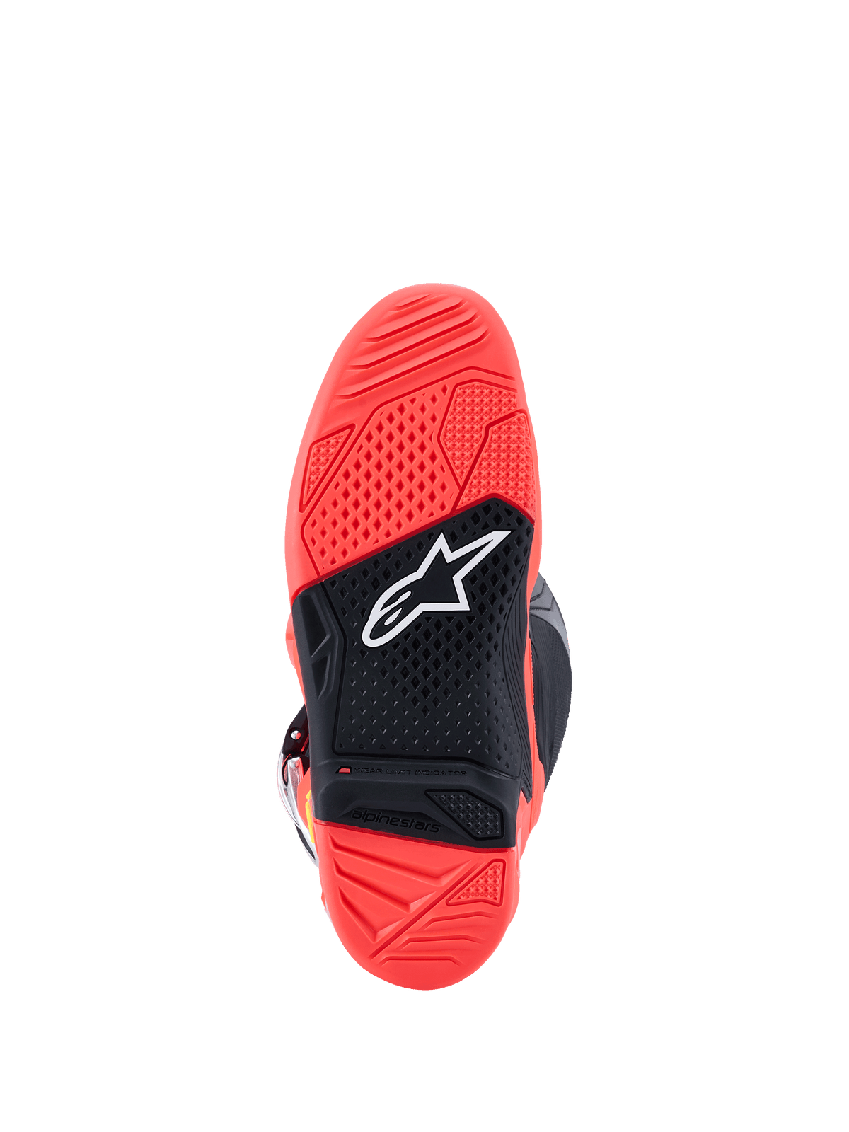 Botas Alpinestars Tech 7, vista de la suela, rojo flúor brillante y negro, con una suela de goma texturizada de doble compuesto, logotipo de estrella de Alpinestars en blanco e indicador de límite de desgaste