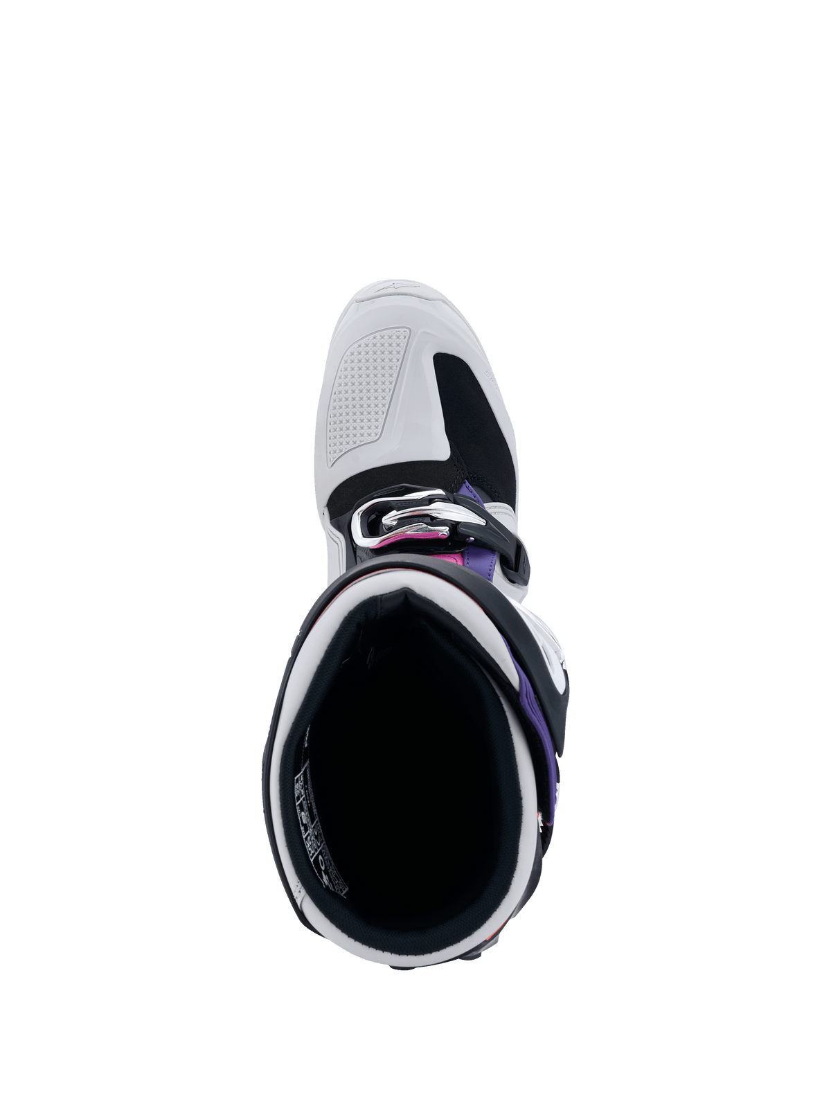 Botas Alpinestars Tech 7, vista superior de la apertura de la bota, gris claro y negro con detalles en púrpura y magenta, muestra el acolchado interior, el sistema de hebillas y la puntera reforzada para carreras off-road
