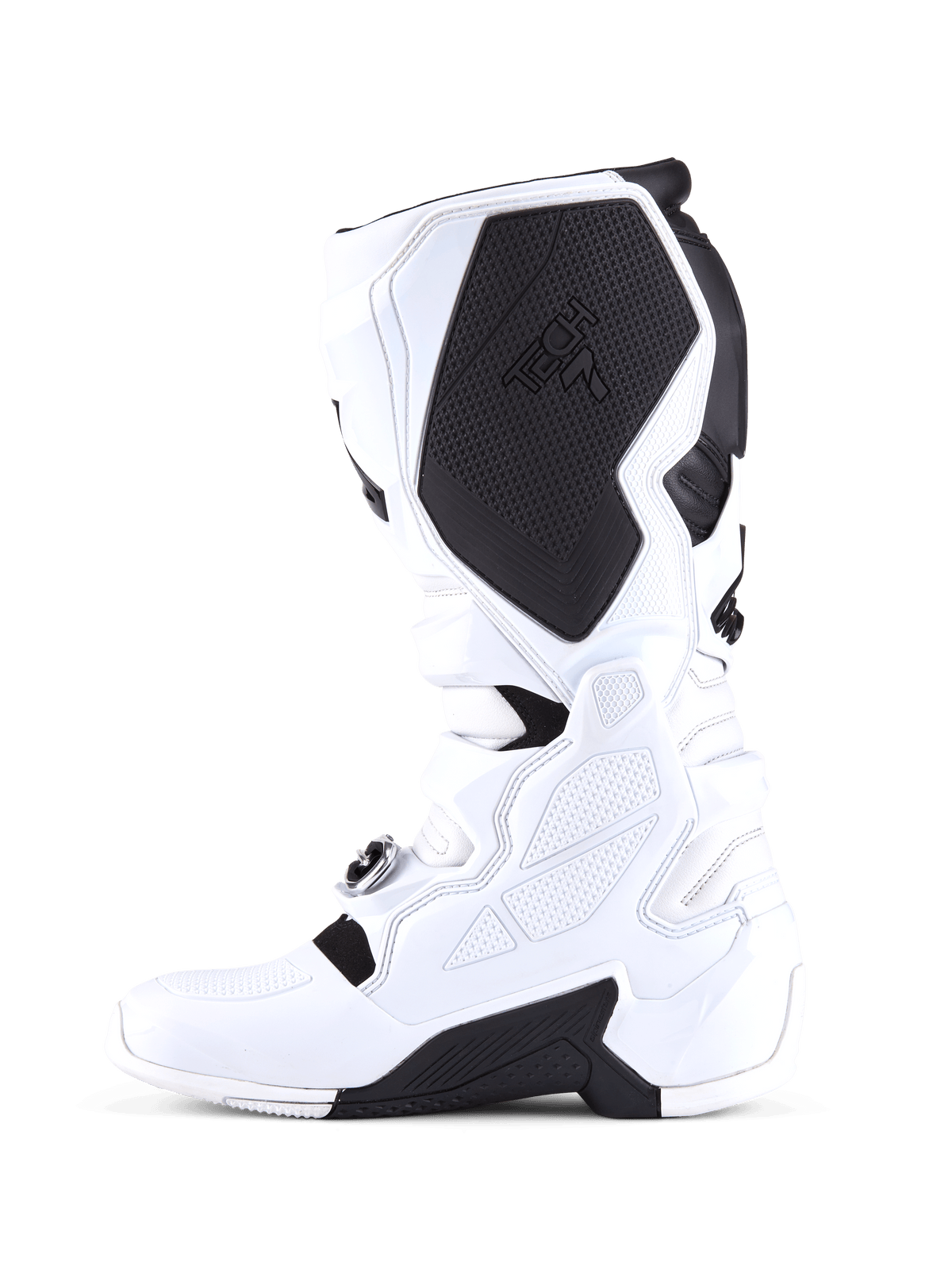 Botas Alpinestars Tech 7, botas de motocross, blancas y negras, perfil lateral medial que presenta un gran panel de protección interno para la pantorrilla con la marca Tech 7, construcción en TPU blanco y superficies de agarre texturizadas.