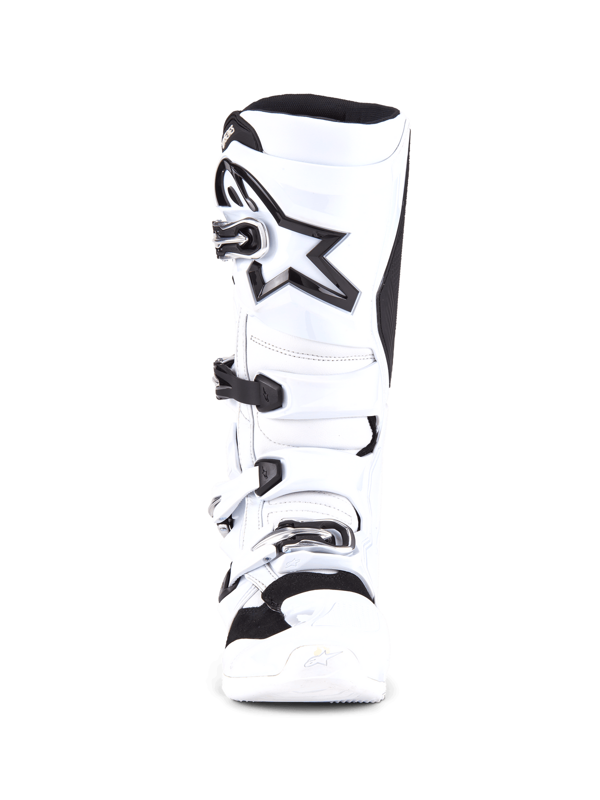 Botas Alpinestars Tech 7, botas de motocross, blancas y negras, vista frontal con sistema de cierre de cuatro hebillas, logotipo de estrella negra grande en la espinilla, carcasa protectora de TPU y puntera reforzada para carreras de motocross