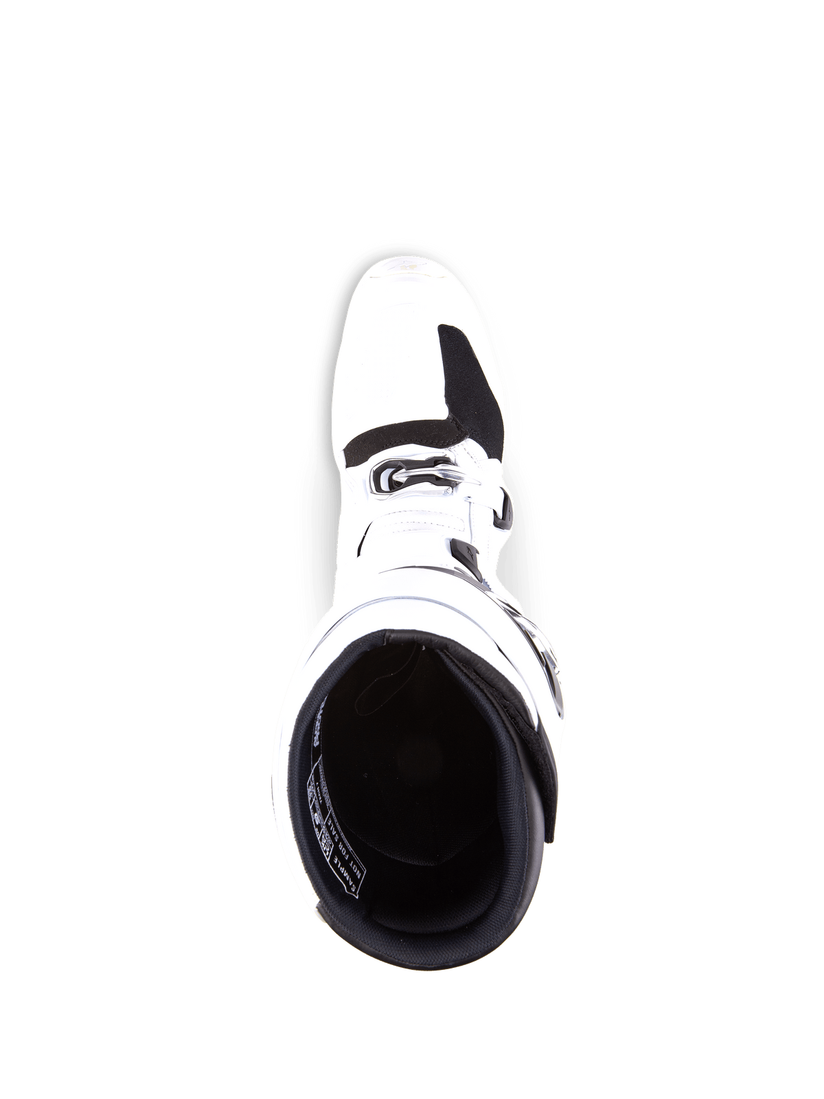 Botas Alpinestars Tech 7, botas de motocross, blanco y negro, vista superior que muestra la apertura interior y la zona de la puntera, construcción duradera de TPU con detalles de hebillas, calzado profesional para carreras off-road